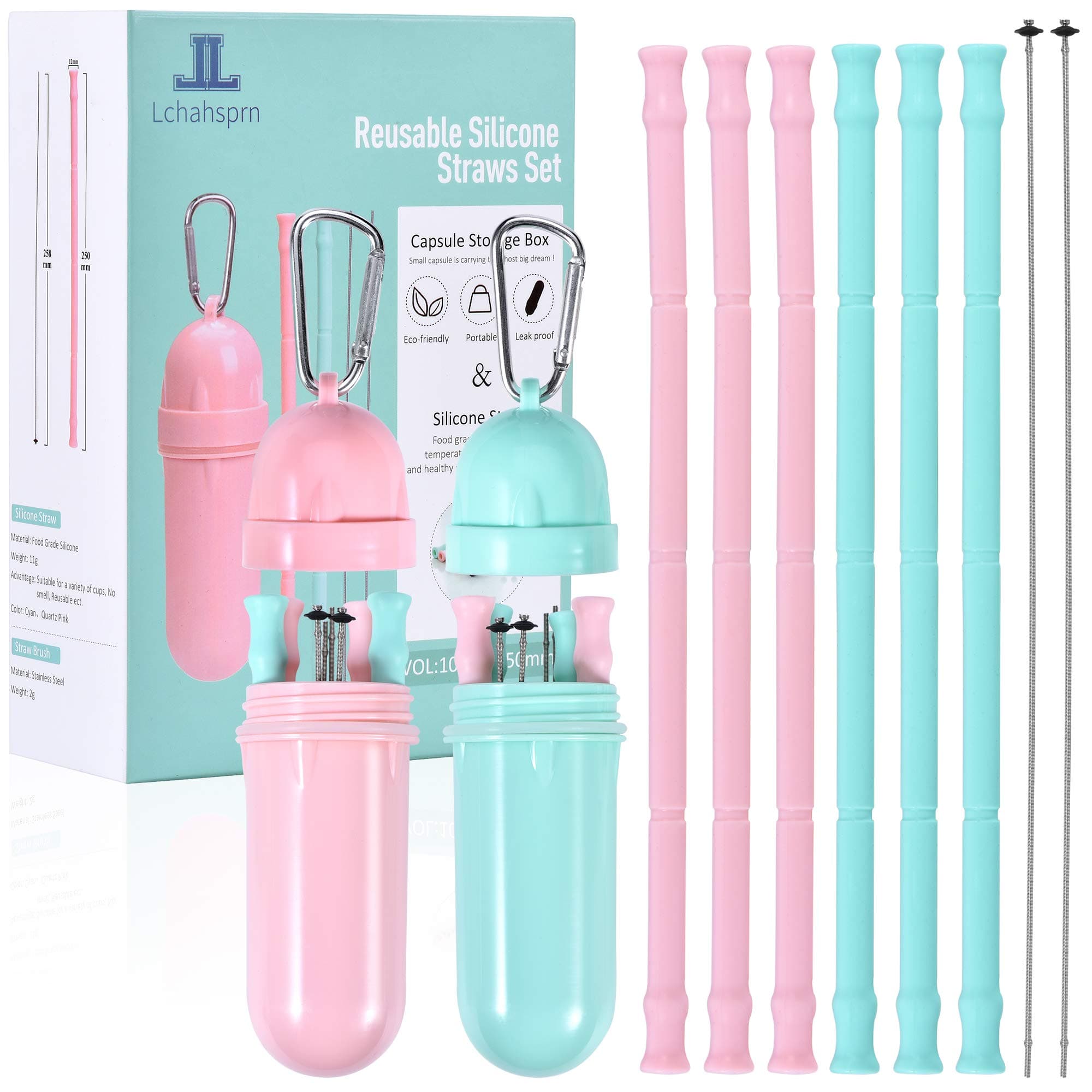 Reusable Silicone Collapsible Straws - 6 Pack Extra Long 10" Portable Straight Smoothies Straws for 30 & 20oz Tumblers, with 2 Cleaning Brushes and 2 Carrying Case - BPA Free - FDA Approved