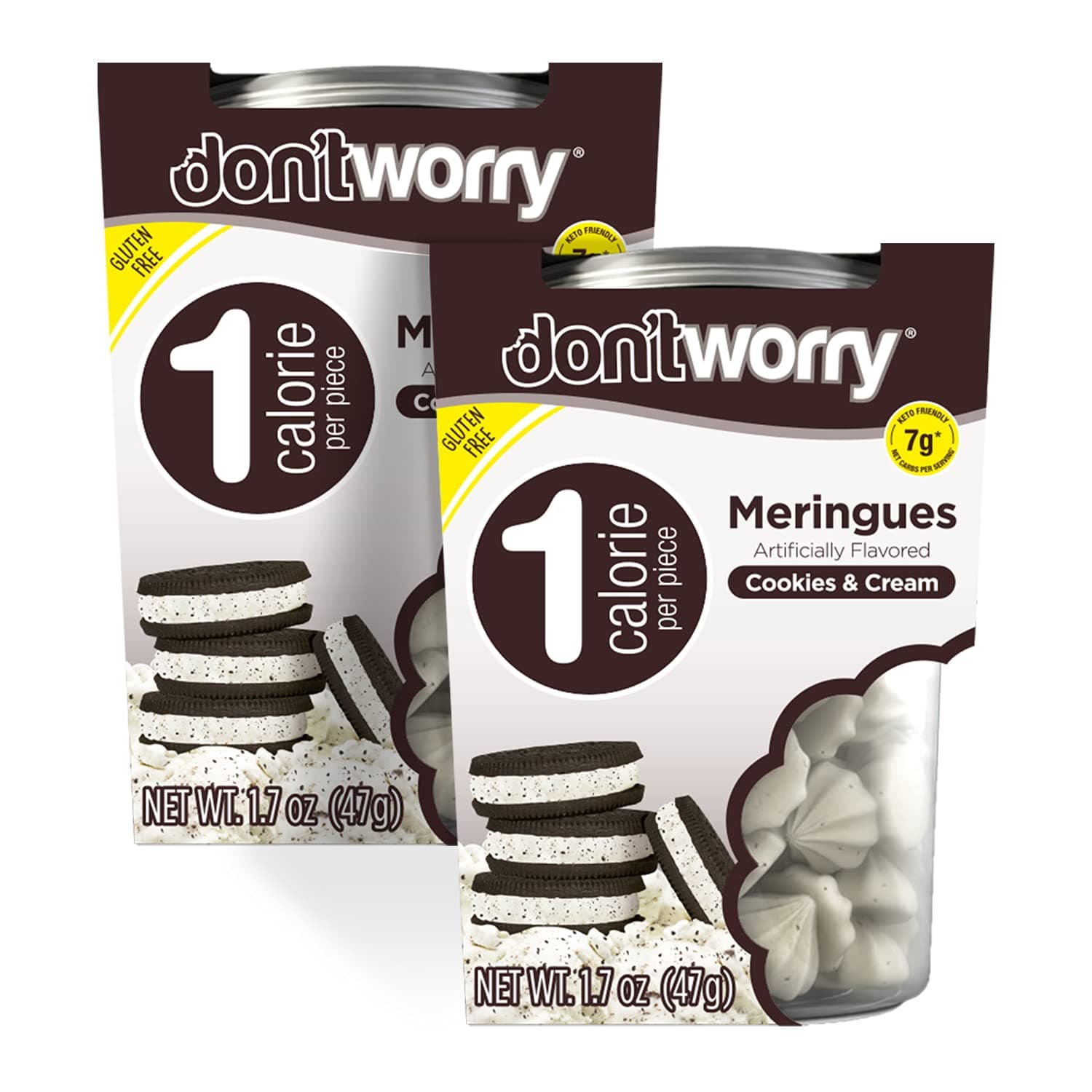 DON'TWORRY Keto Friendly Merengue Cookies | Only 1 Calorie per piece! | 2 Pack - Cookies and Cream | Healthy Candy, Gluten Free Snacks, Low Carb, Low Sugar, Low Calories