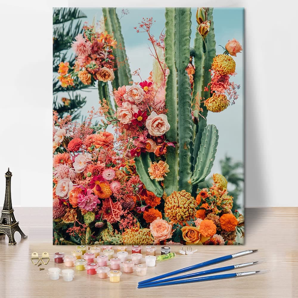 TISHIRONPaint by Numbers for Adults Beginner & Kids DIY Oil Painting Kit Flowers and Cactus on Canvas with Paintbrushes and Acrylic Pigment, Arts Craft Gift for Home Wall Gift 40x50cm