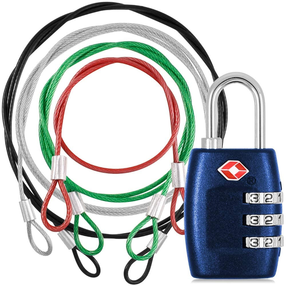 DanziX TSA Approved Lock and 4 Colors Stainless Steel Safety Tether,3-Dial Combination Travel Luggage Lock with Lanyard Security Cable for Protect Your Different Sizes of Suitcase,Baggage-Deep Blue