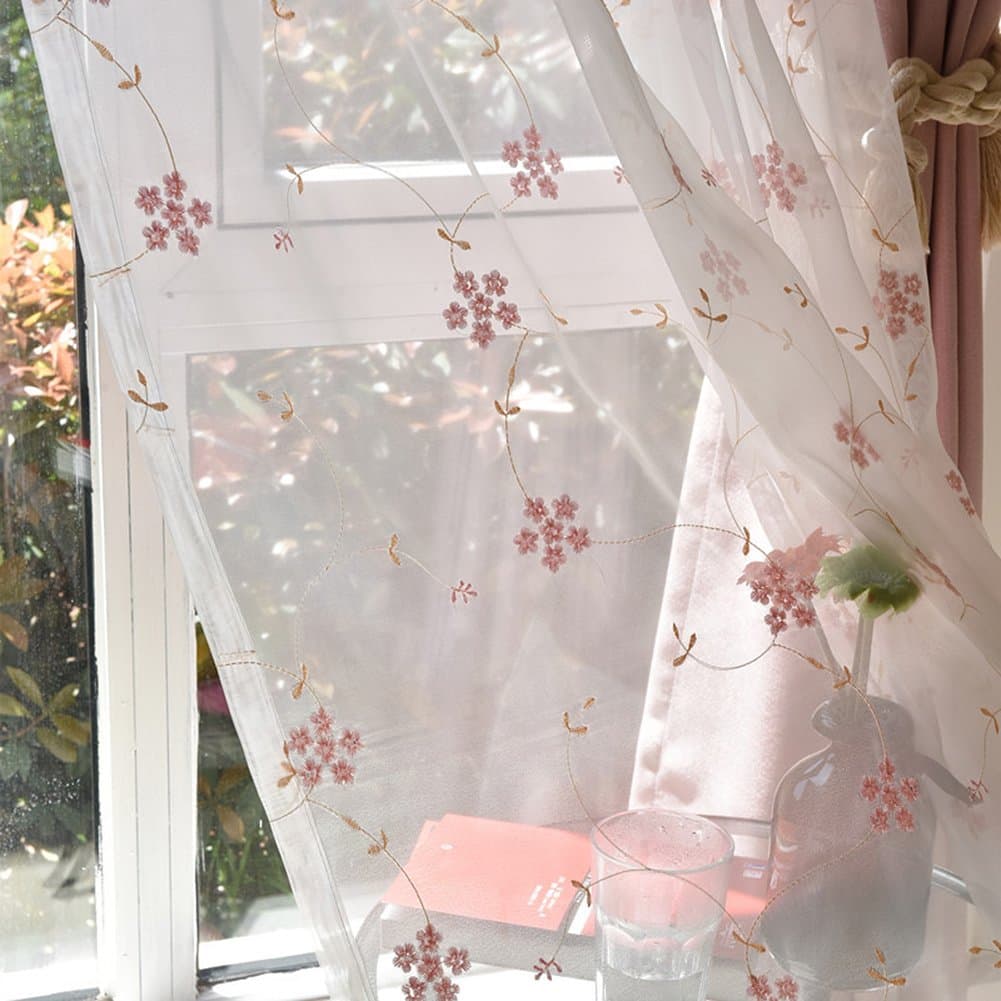 ABCWOO Exquisite Design Home Decoration Countryside Style Embroidered Sheer Curtain Window Treatment Voile Panel For Bedroom Living Room And Dining Room (2 Panels, W 52 x L 104 inch, Pink)
