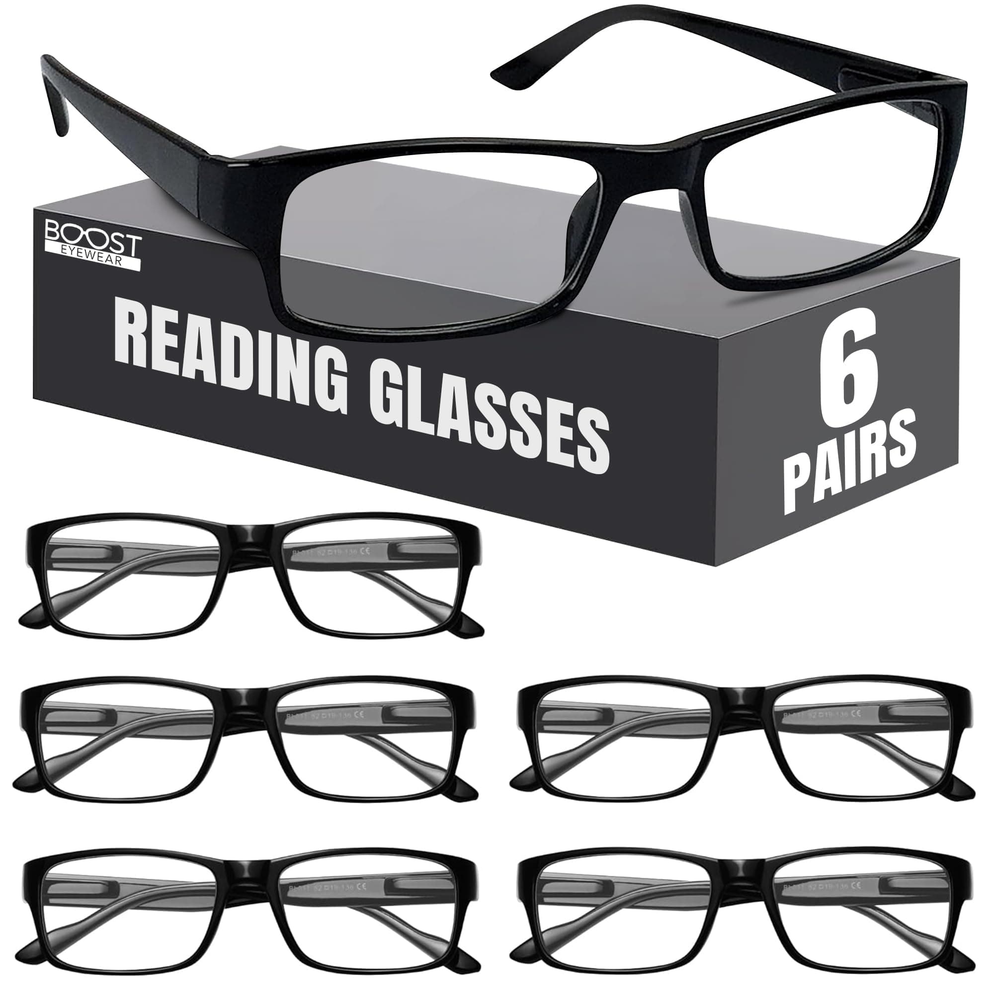 Boost Eyewear 6 Pack Reading Glasses, Traditional Black Frames, for Men and Women, with Comfort Spring Loaded Hinges, Black, 6 Pairs (+2.50)