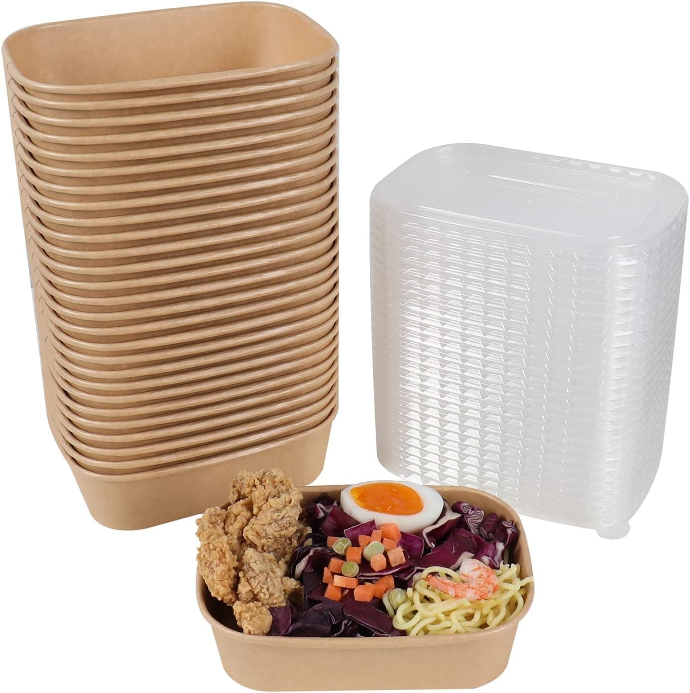 12 Pack 500 ml Kraft Paper Rectangle Bowls with Lids, Disposable Food Containers for Noodles, Salad, Soup, Snacks & BBQ (17 oz)