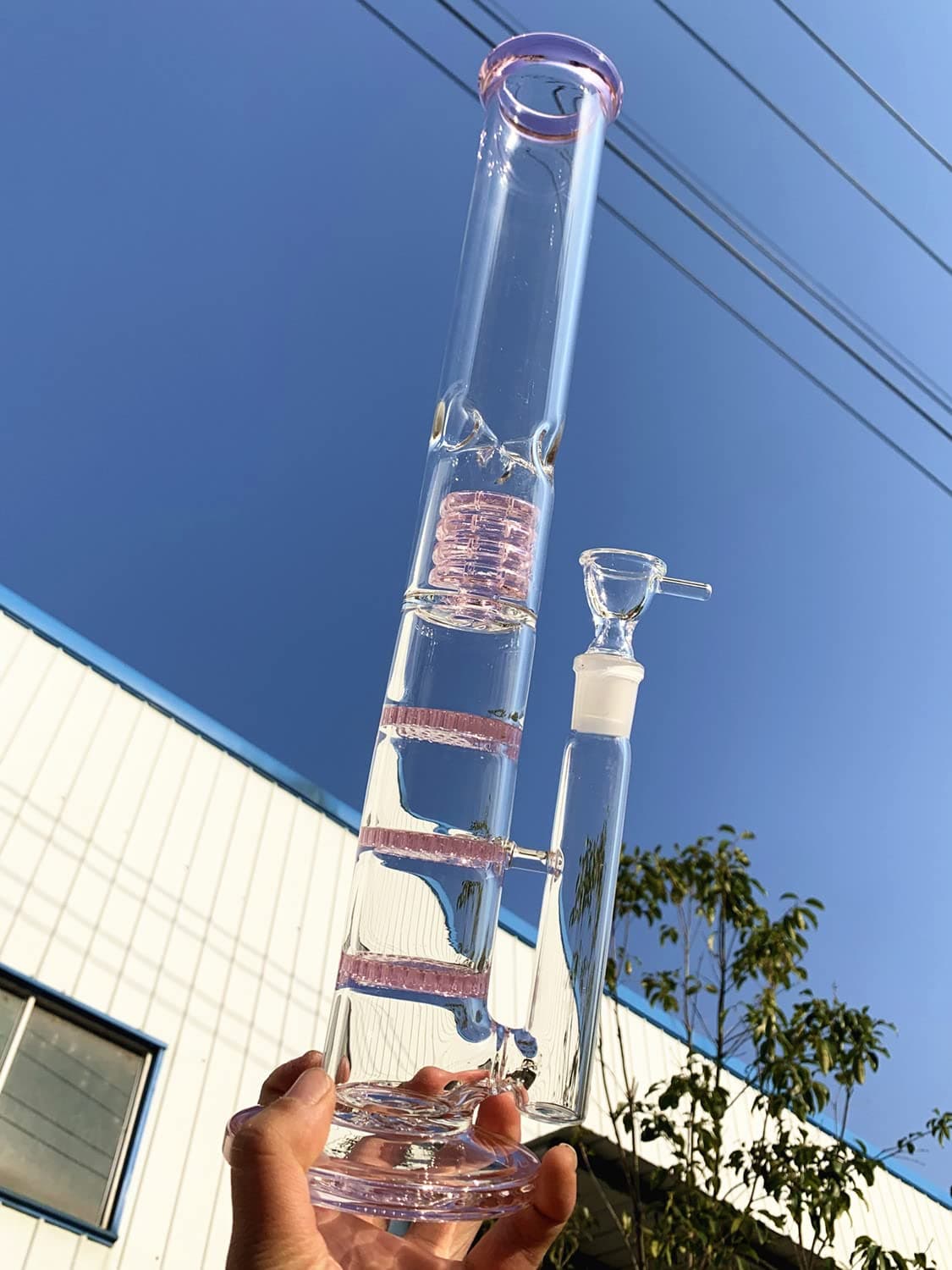 Sunshine Glass Straight Glass Bongs Height 17in Three Layers Percolator Birdcage (Pink)