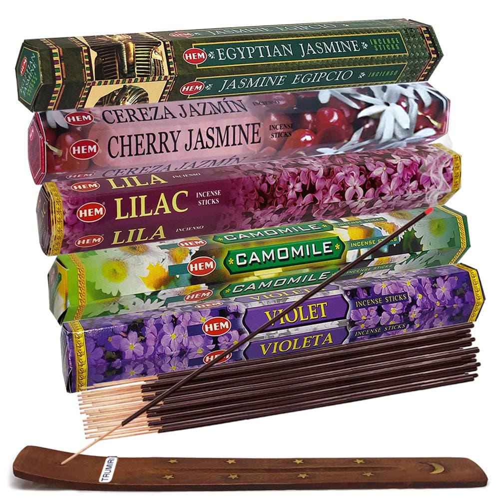 TRUMIRI Incense Sticks Variety Pack #13: 5 Fragrances (Egyptian Jasmine, Cherry Jasmine, Lilac, Camomile, Violet) - 100 Sticks (20 of Each) with Holder