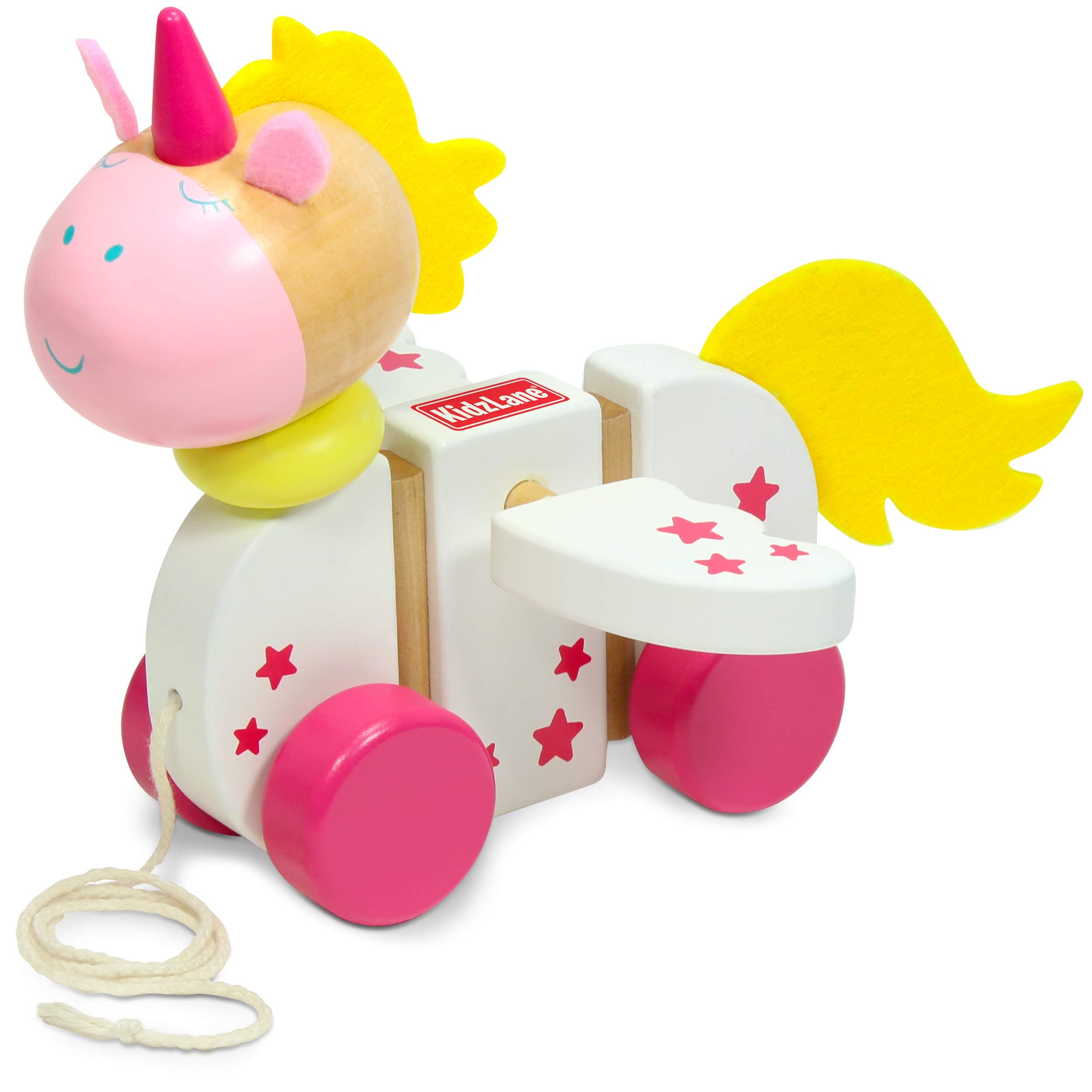 Kidzlane Wooden Unicorn Pull Toy for Toddlers | Easy-Grip Handle Ages 18M+