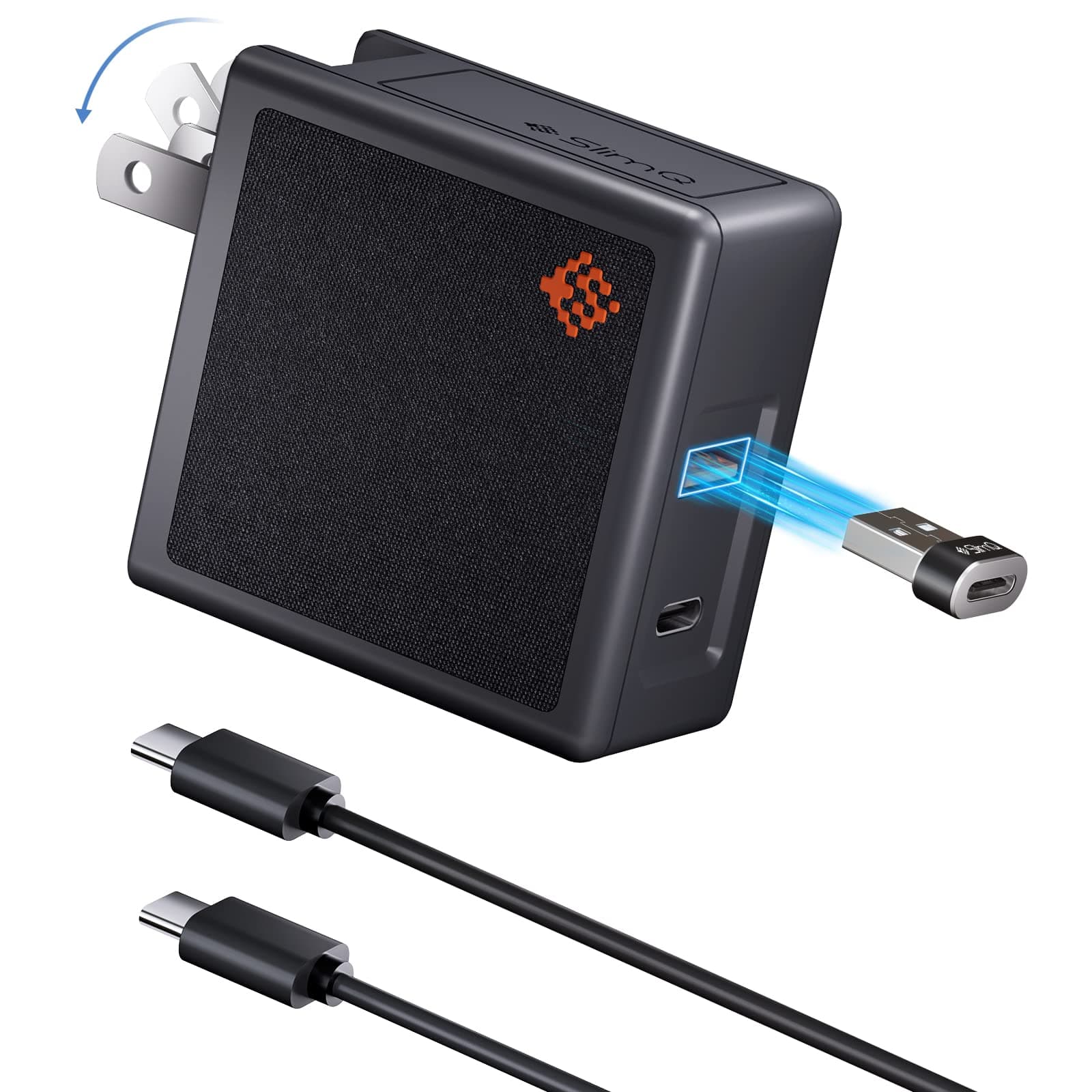 𝐒𝐥𝐢𝐦𝐐 65W,45W Laptop Charger：USB C GAN AC Adapter Charger - Foldable Mini Wall Plug for Lenovo,Dell, Chromebook,iPhone, iPad (+C2C Cable+A2C Converter)