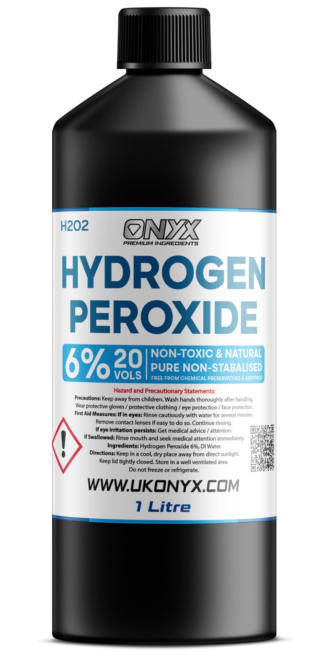 – Onyx Hydrogen Peroxide 6% Pure Food Grade, Unstabilized and Additive Free, 20 Vols (1 Litre)