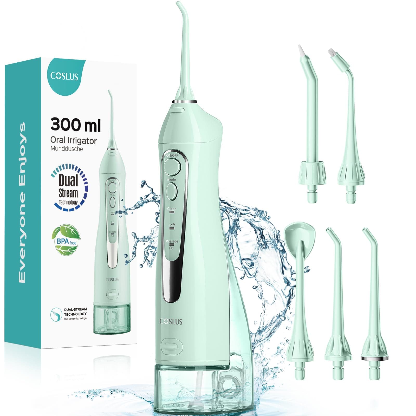 Water Dental Flosser Teeth Pick C20(F5020E): Portable Cordless Oral Irrigator 300ML Rechargeable Travel Irrigation Cleaner IPX7 Waterproof Electric Flossing Machine for Teeth Cleaning, Green