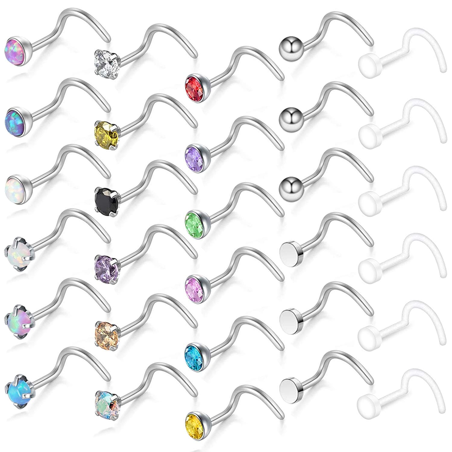 ZS30 Pieces Cubic Zircon Nose Bone Studs 20 Gauge Stainless Steel Opal Nose Piercing Studs Clear Bioflex Nose Rings for Body Jewelry