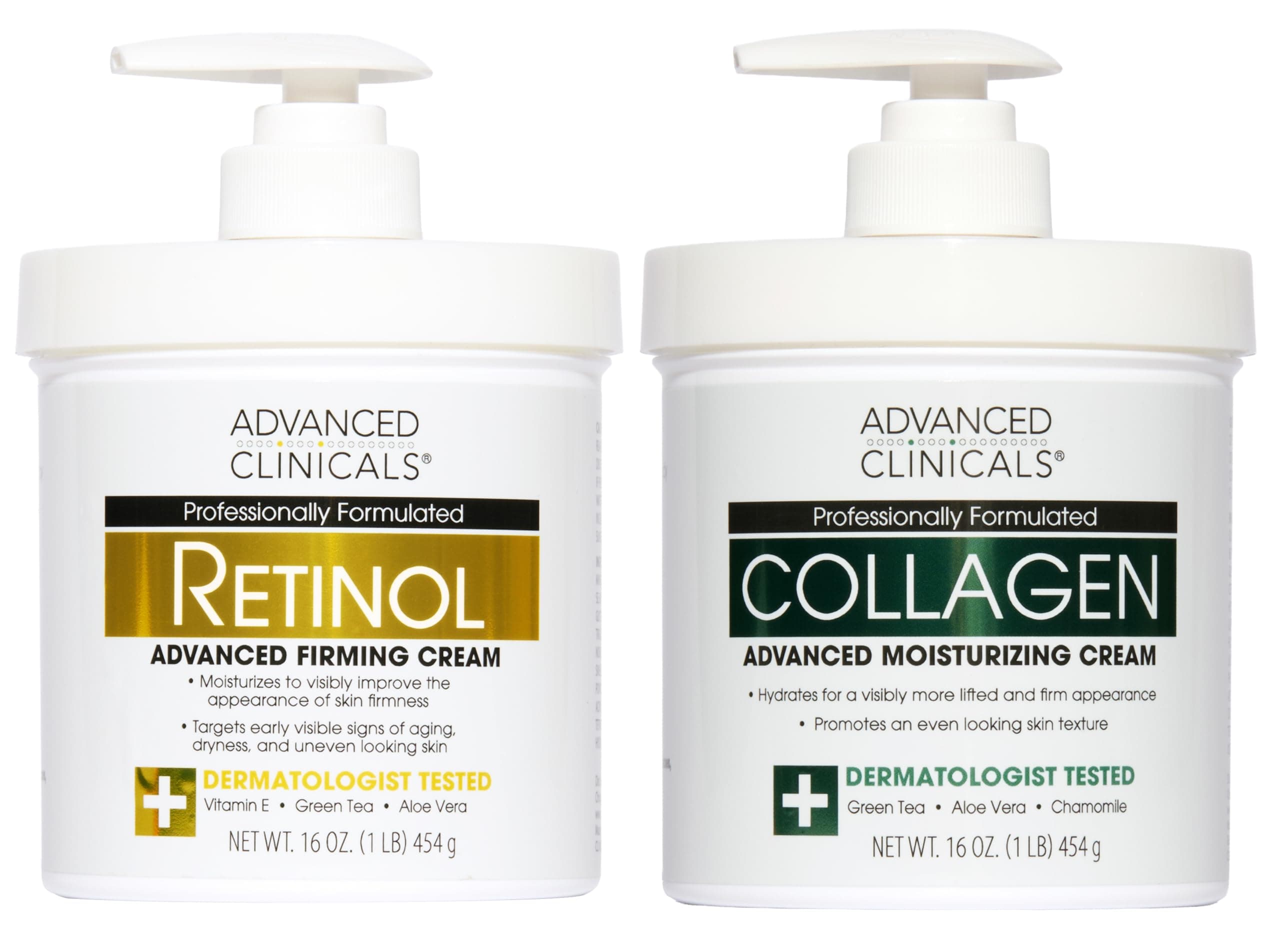 Retinol Cream and Collagen Cream Skin Care set. Value anti-aging set for wrinkles, fine lines, firming skin. 16oz Spa size are great for face cream and body moisturizer.