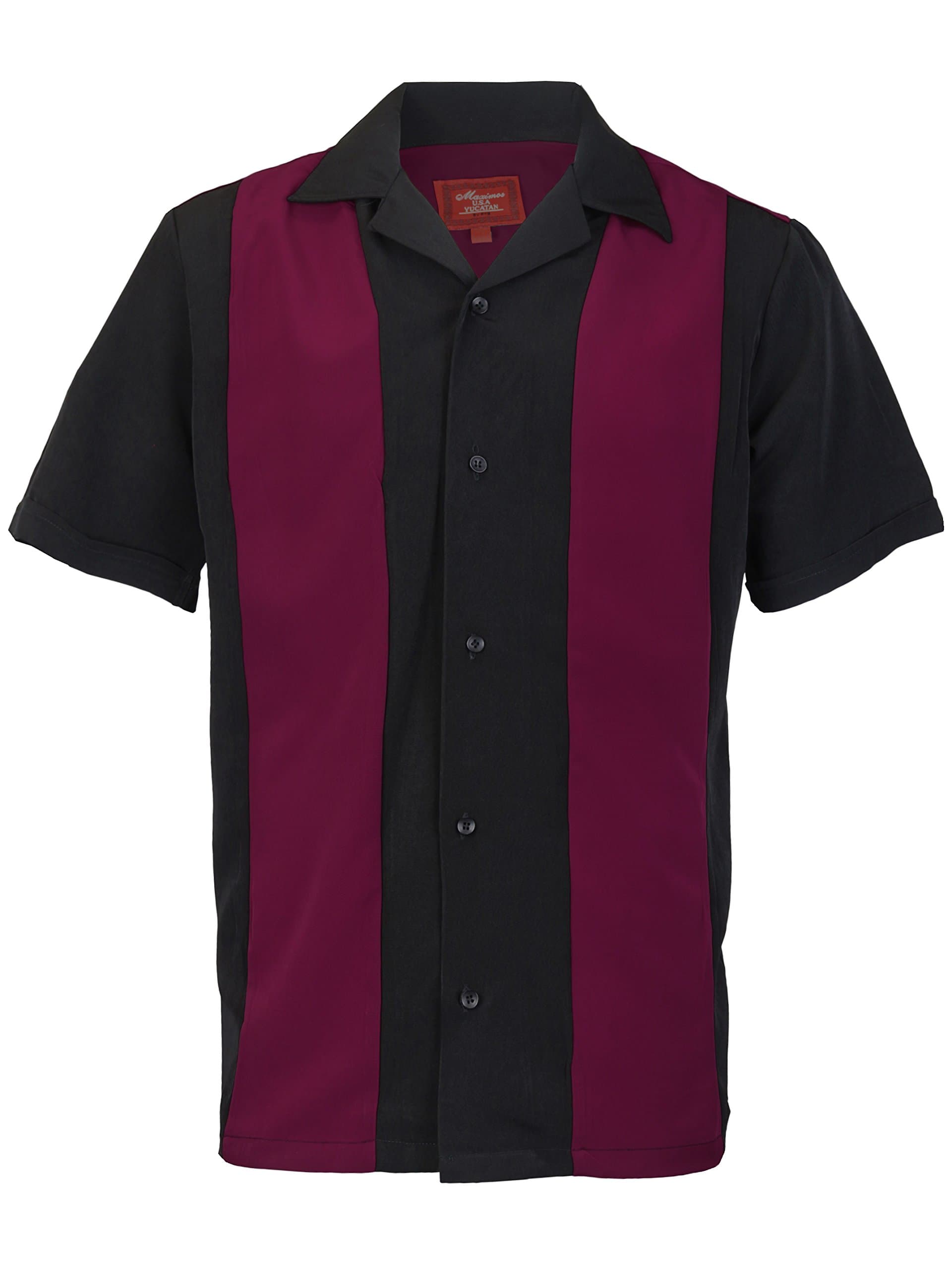 Maximos Men's Retro Charlie Sheen Two Tone Guayabera Bowling Casual Dress Shirt Burgundy/Black