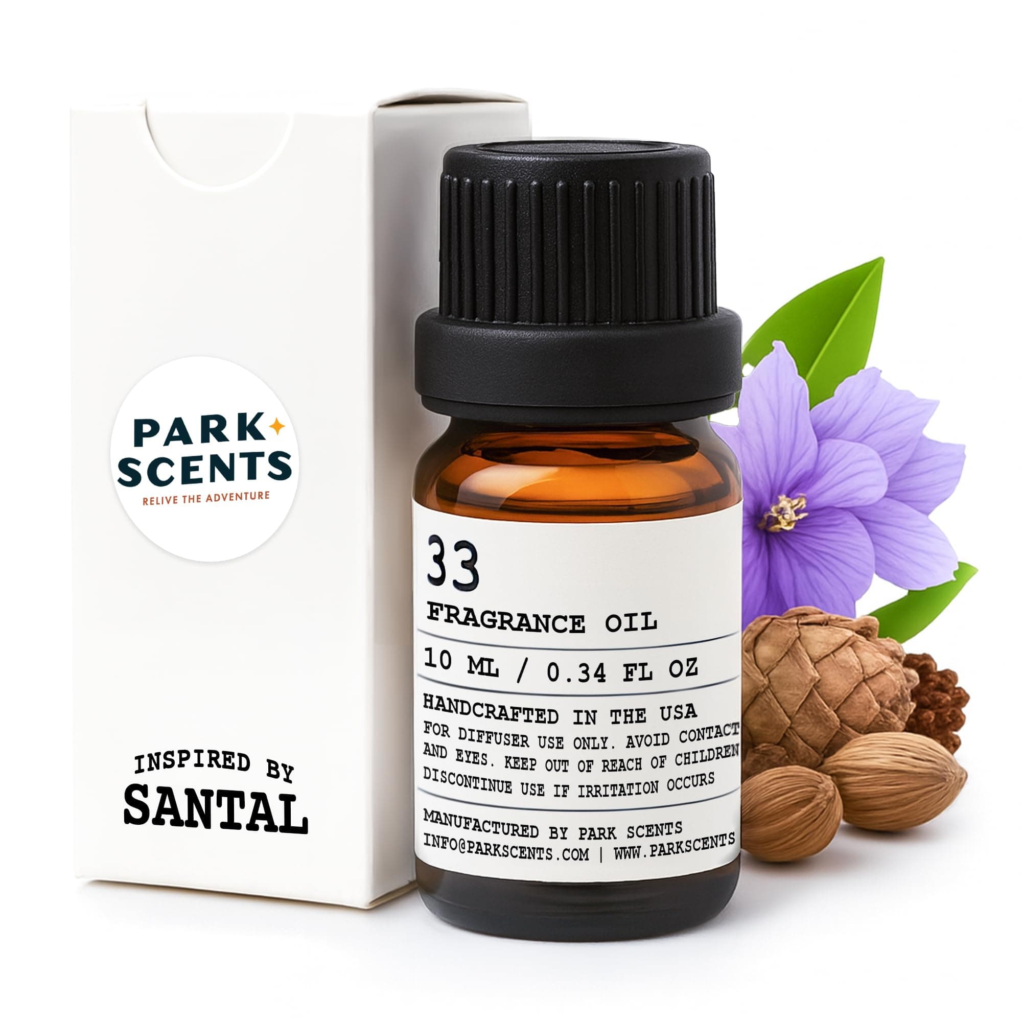 33 Essential Oil for Diffuser - Santal Inspired Scent, Diffuser Oil with Euro Dropper, Aromatic Luxurious Fragrance - For Water Based Diffuser, Handcrafted in the USA - Glass Bottle, 10 ml