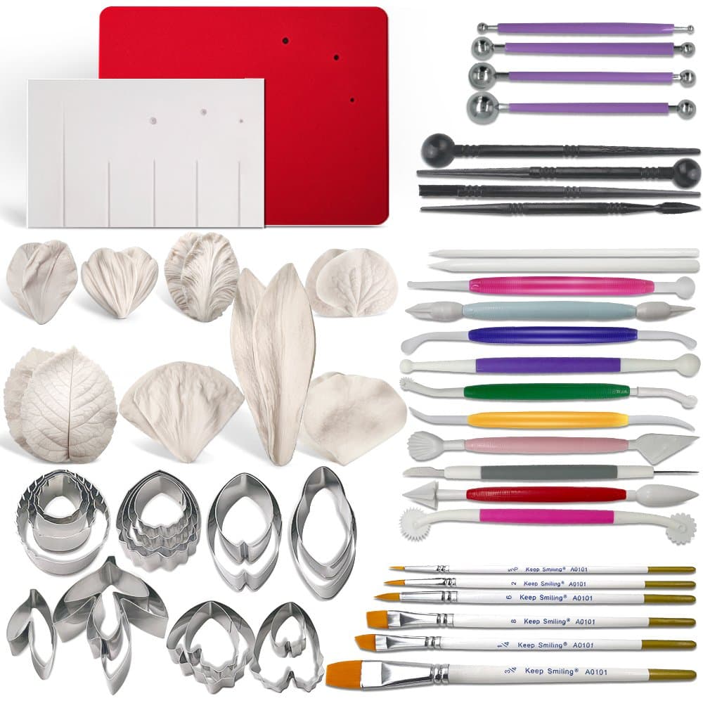 Gum Paste Flowers and Leaves Fondant Tools Kit-8set Metal Flower Cutter 6set Veining Silicone Molds 1 Veining Board 1 Foam Pad 7 Modelling Tools 6 Brushes 4 Ball Tools 4 Frilling Sticks 2 Cake Carved