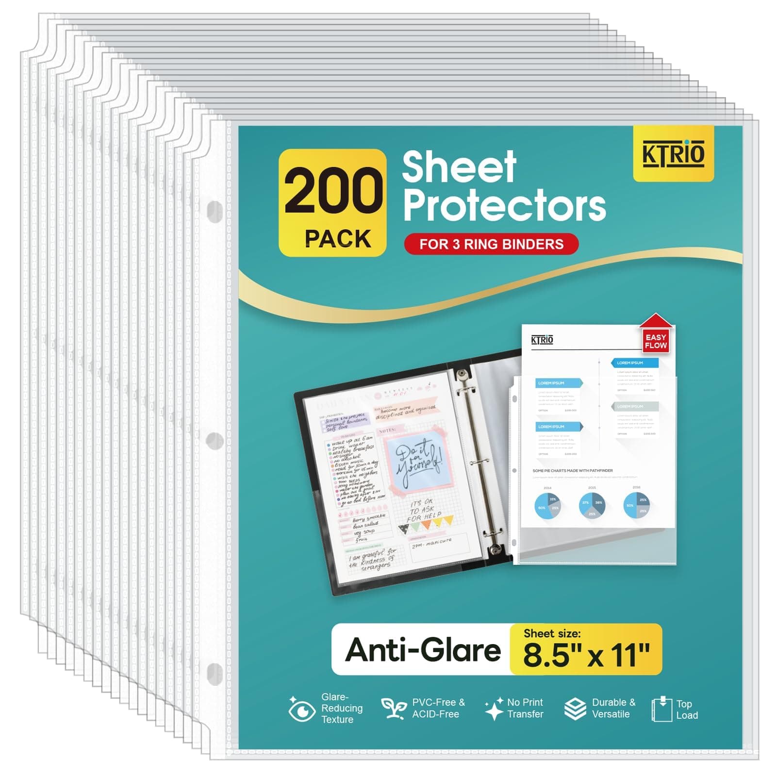 KTRIO 200 Pack Sheet Protectors for 3 Ring Binder, Non Glare Clear Page Protector, Plastic Document Sleeves Fits Standard 8.5 x 11 Paper, Top Loading, Acid Free
