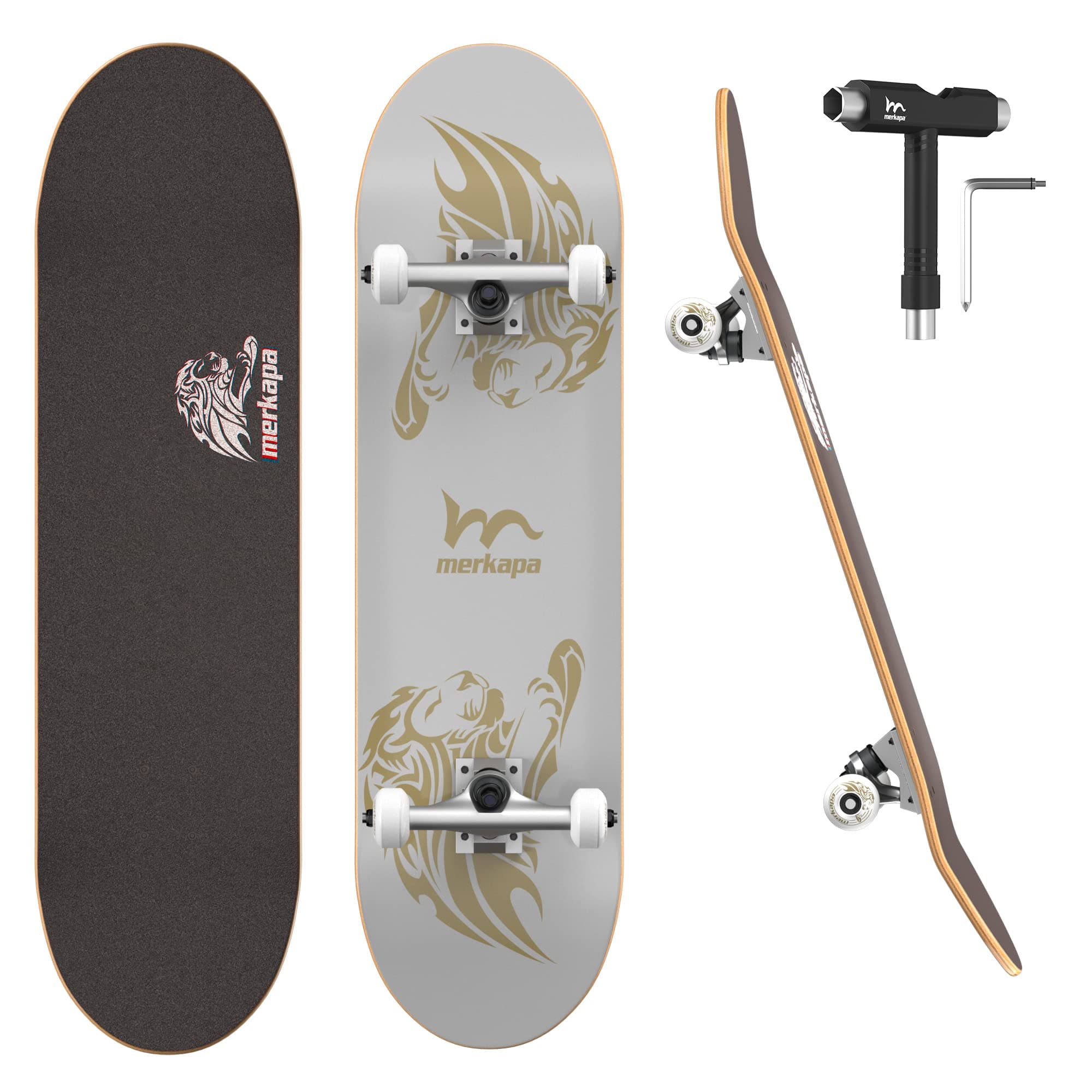 M Merkapa Skateboards for Kids 6-12 - 31" Complete Skateboard for Beginners, 8 Layer Canadian Maple Double Kick Deck Concave, Professional Skateboards Fit for Skateboarding, Cruising, Carving, Tricks