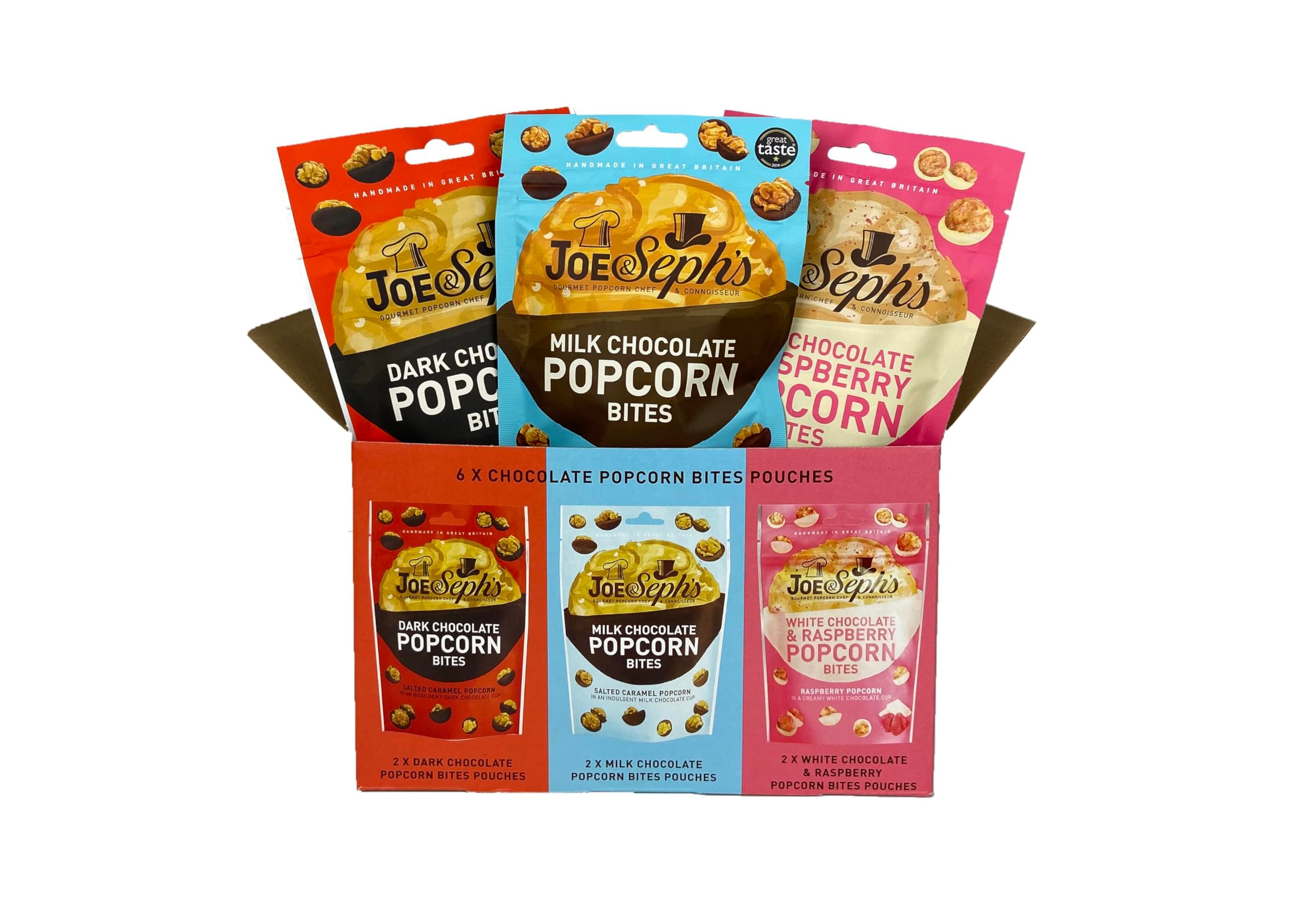 Popcorn Bites (Pack of 6) | Milk Chocolate, Dark Chocolate & Raspberry White Chocolate, Salted Caramel| Gourmet Sweet Popcorn Gift