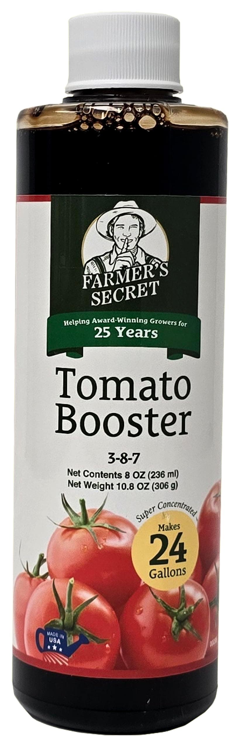 Tomato Booster Fertilizer (8oz) - Super Concentrated - 3:8:7 Ratio Fortified with Humic Acid, Iron and Calcium - Grow More Tomatoes