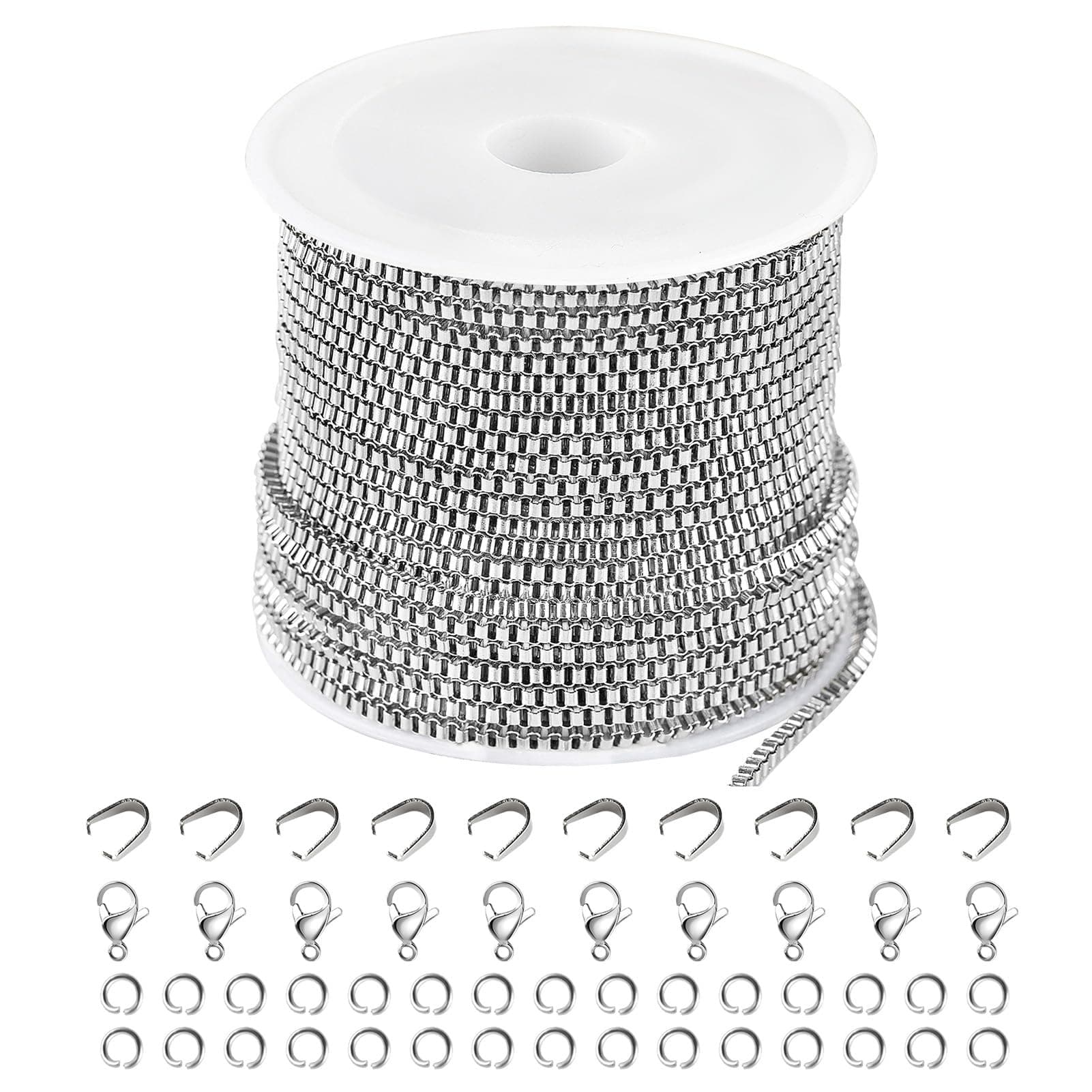 10M Silver Box Chain Links with Bulk Soldered Stainless Steel Necklace Chain with Lobster Clasps Jump Rings Pinch Clip Clasps for Jewelry Making Handcraft DIY