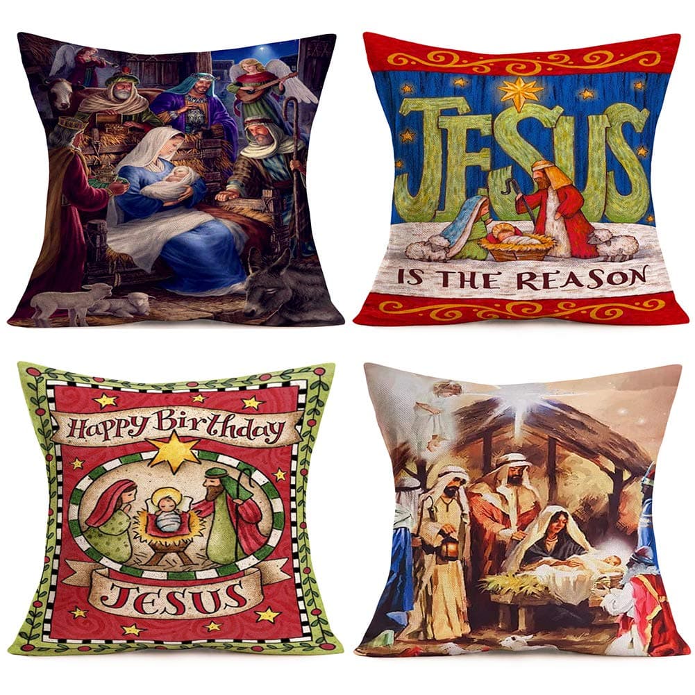 ShareJ 4 Pack Home Decor Pillowcase Happy Birthday Christmas Nativity Baby Jesus in Manger European Square Throw Pillow Covers Cotton Linen Cushion Case 18x18 Inches