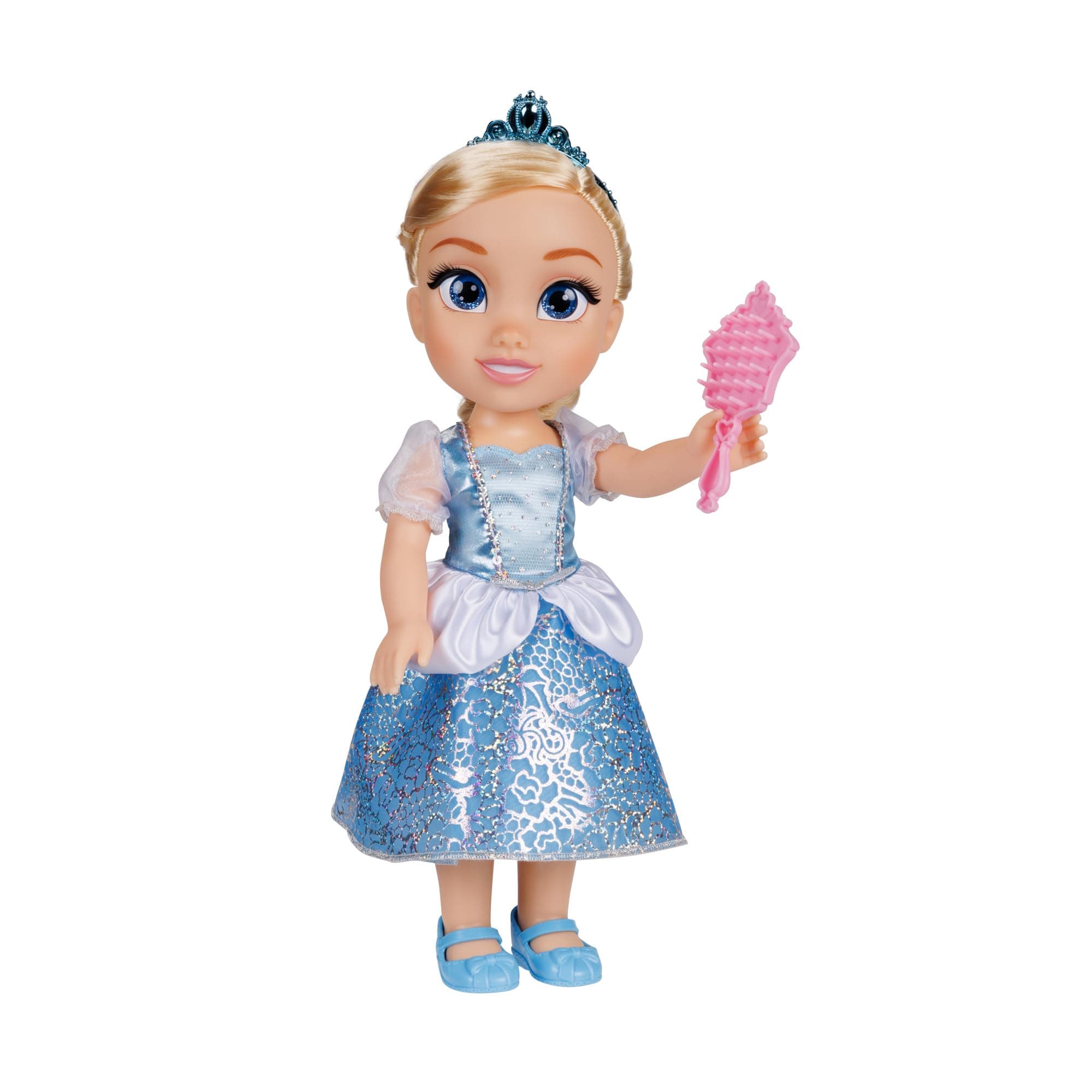 Disney Princess Cinderella Doll, 14” / 35cm Tall Doll with Royal Reflection Eyes Includes Shimmery Platinum Holofoil Printed Removable Dress, Shoes, Tiara and Brush, Perfect for Girls Ages 3+