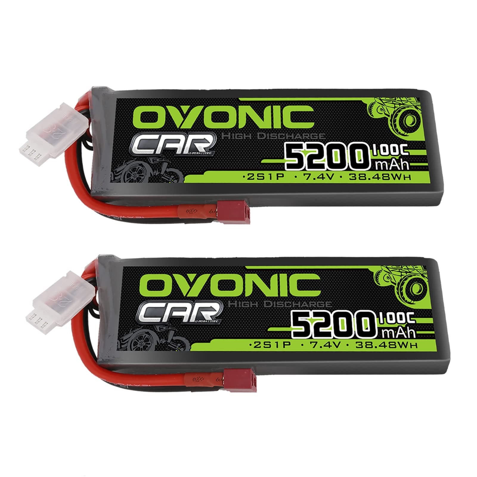Lipo Battery 2S Lipo Battery 7.4V 5200mAh 100C with T-Plug Connector for RC Car Truck Vehicle Buggy RC Model(2 Pack)