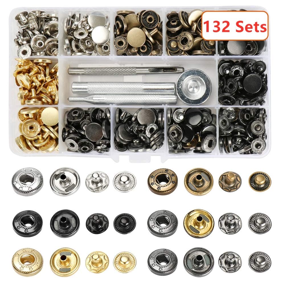 Atpot Snap Fasteners Kit, 132 Sets 12.5mm Metal Button Snaps Press Studs with 4 Fixing Tools, 6 Color Leather Snaps for Clothing, Leather, Jacket, Jeans Wear, Bracelets, Bags,DIY Craft