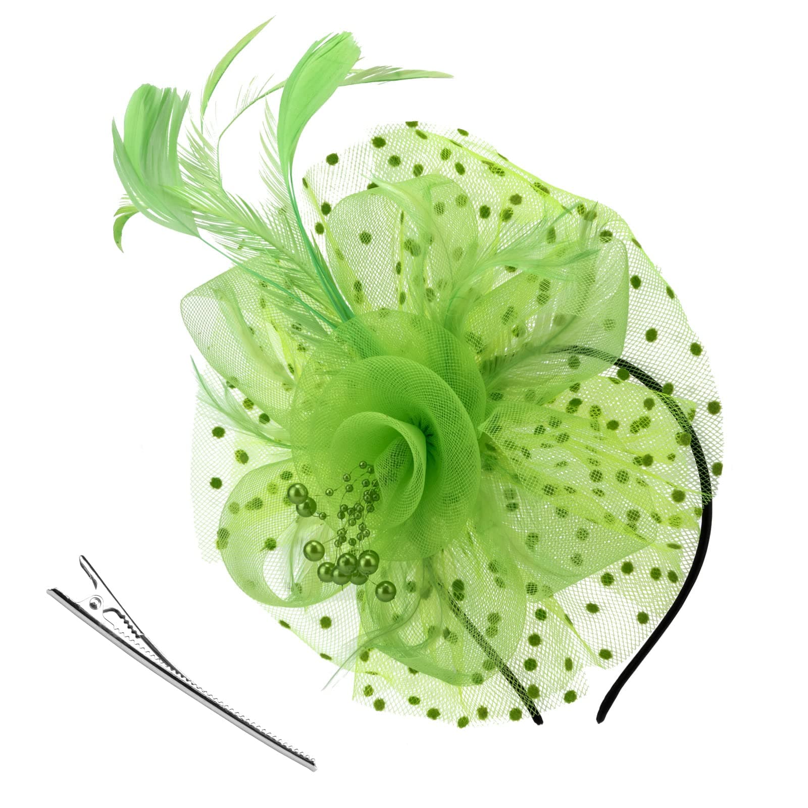 Fascinators Hat Flower Mesh Ribbons Feathers on a Headband and a Clip Tea Party Headwear for Girls and Women