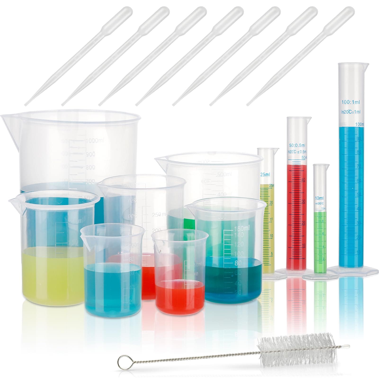 FRIUSATE 19 Pcs Graduated Cylinders and Measuring Beakers Set With 7 Plastic Droppers and Test Tube Brush - Science Lab, Baking, Cooking Liquid Measure Tools