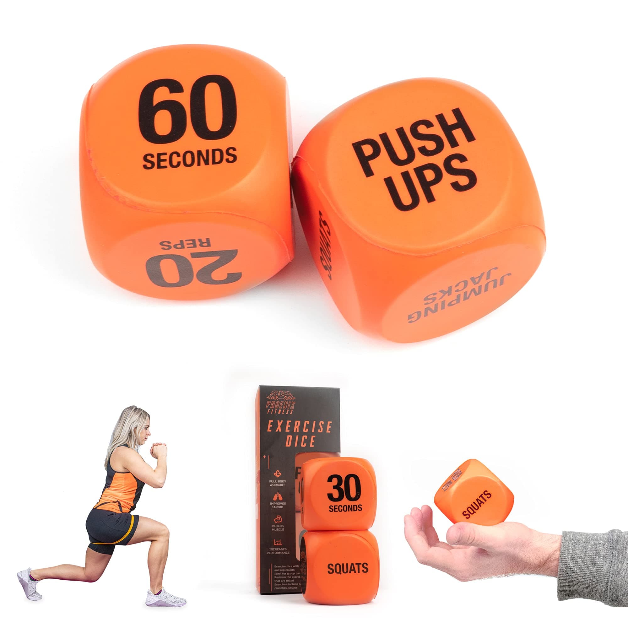 Exercise Dice - Workout Dice Game for Cardio, HIIT Training and Exercise Classes - Training Includes Push Ups, Squats, Jumping Jacks, Crunches & Wildcard - Home and Gym