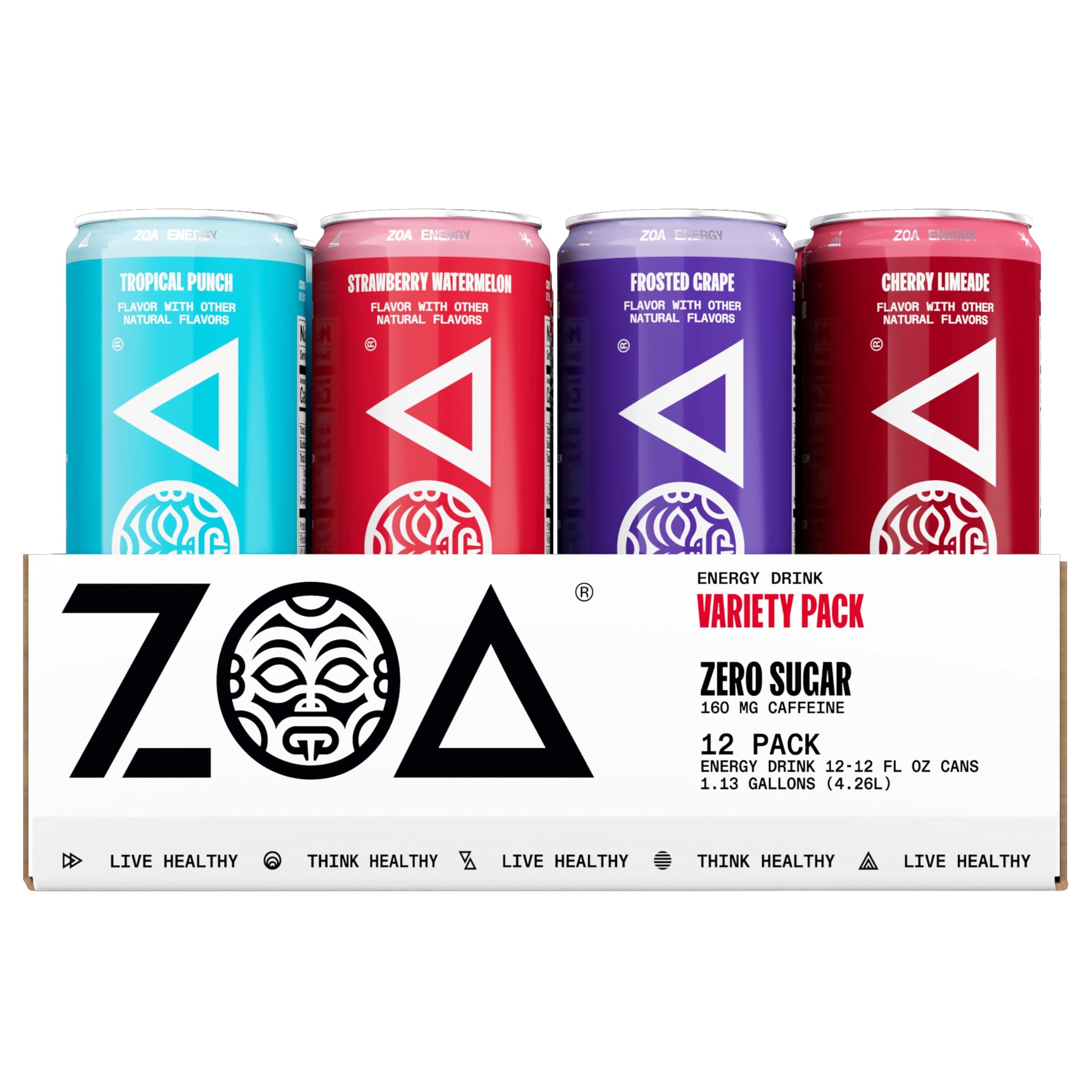 ZOA Energy Drink Variety Pack, 4 Flavors - Zero Sugar, Daily Vitamin C & B, Natural Caffeine, Hydrating Electrolytes - No Crash, Keto Friendly - 12 Ounce Cans (Pack Of 12)