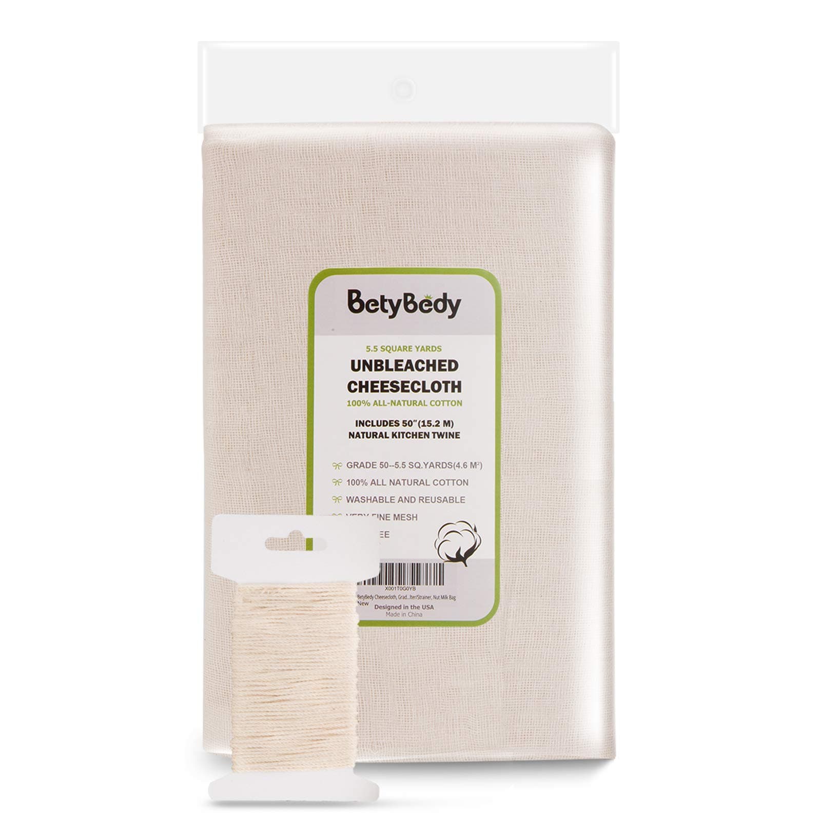 BetyBedy Cheesecloth, Grade 50 (5.5 Yards/49.5 Sq. Feet) Unbleached Cotton Fabric with 50 Feet Cooking Twine, Washable and Reusable Strainer for Cheesemaking, Food Filter/Strainer, Nut Milk Bag