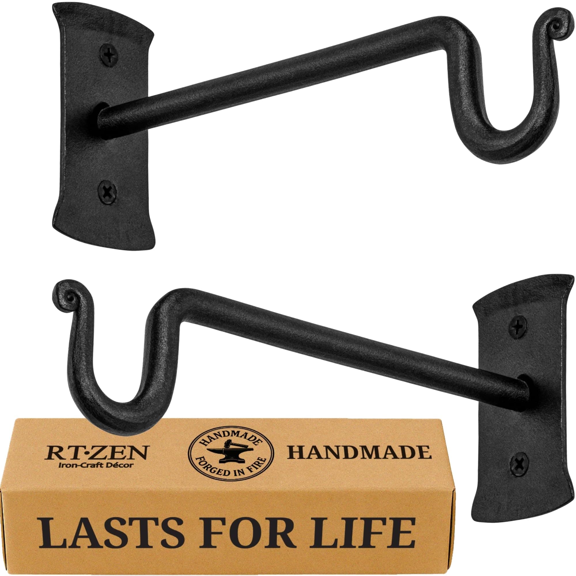 RTZEN Plant Hanger Shepards Hook 7.5" - Heavy Duty Wrought Iron Wall Decor - Indoor or Outdoor Shepherds Hook Hanging Bracket for Bird Feeders Lanterns Baskets and Wind Chimes - 2 Pack
