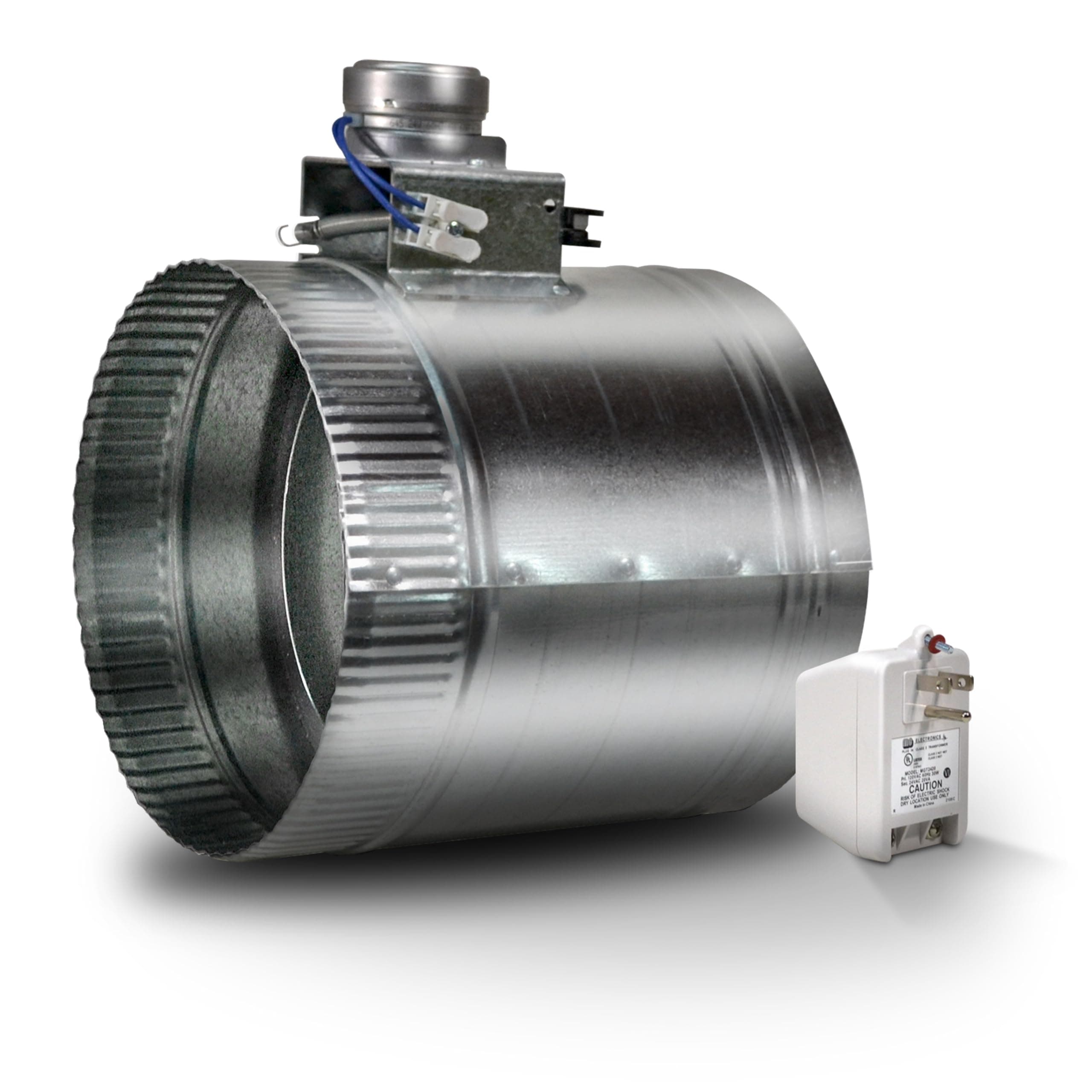 Suncourt ZoneMaster Fully Adjustable Motorized Airflow Control Zone Damper, UL Listed 24VAC/20VA Plug-in Transformer Included, Compatible with Any 24 Volt Thermostat, Normally Open – 8", Silver