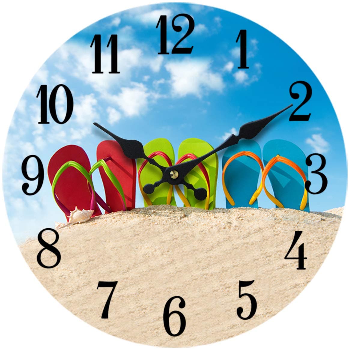Flip-Flop Glass Wall Clock - Coastal Nautical Beach Theme, Decorative Timepiece, Ideal for Living Room, Bedroom, Beach House - Beachy Wall Clocks, Beach Clocks Wall Decor 13" Multicolor