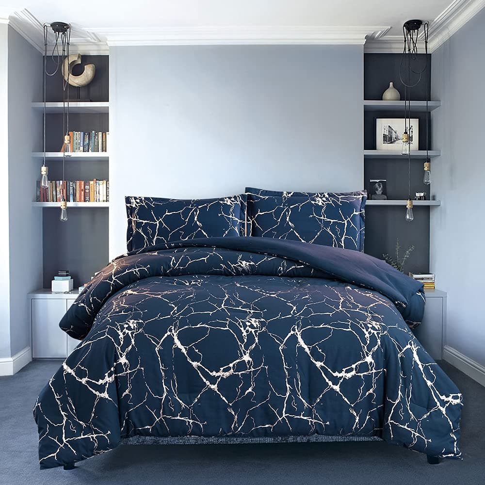 Holawakaka Silver Metallic Marble Comforter Set California King Size Foil Print Glitter Bedding Set, Blue/Silver, Cal King