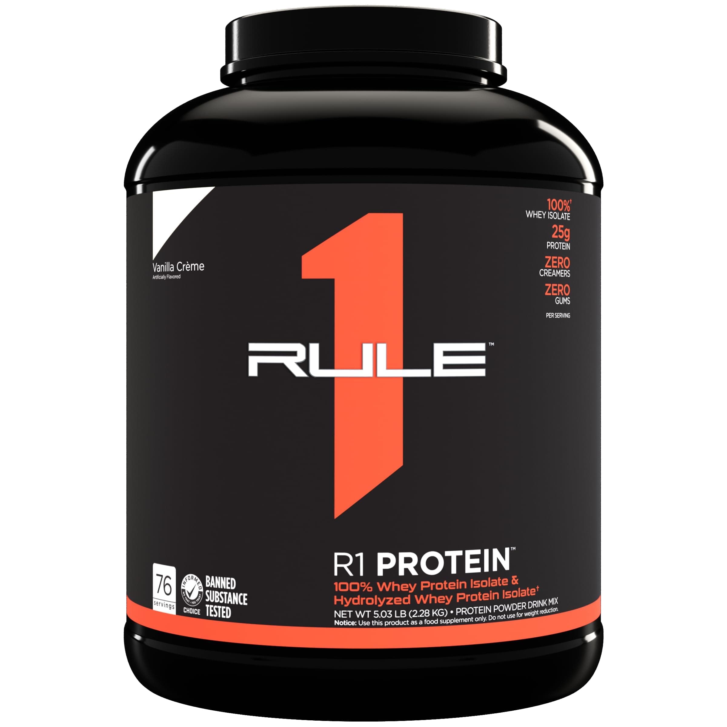 Rule 1 100% Whey Protein powder| Isolate & Hydrolyzed Whey Protein Vanilla Crème| 25g Protein 76 Servings 5.03 Lbs (2.28 kg)