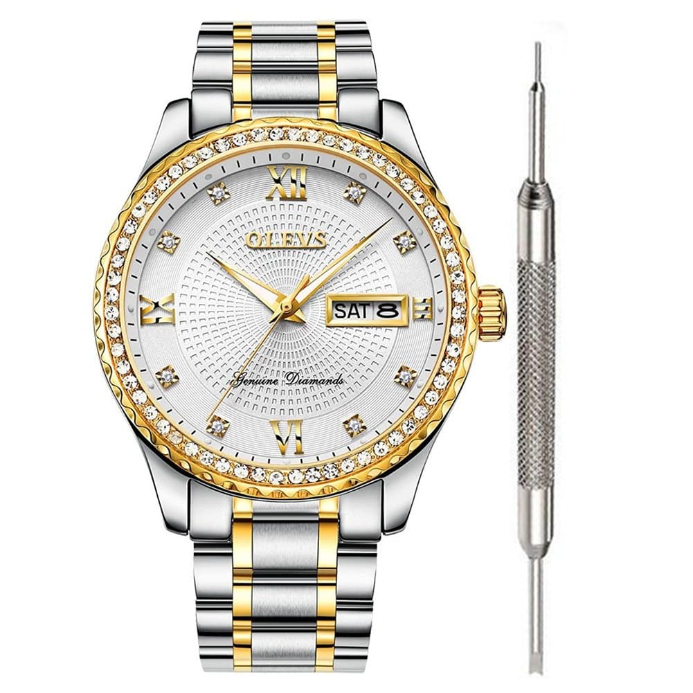OLEVS Mens Diamond Watches White Gold Luxury Watches for Men Waterproof with Calendar Quartz Watch for Birthday Party Christmas for Men