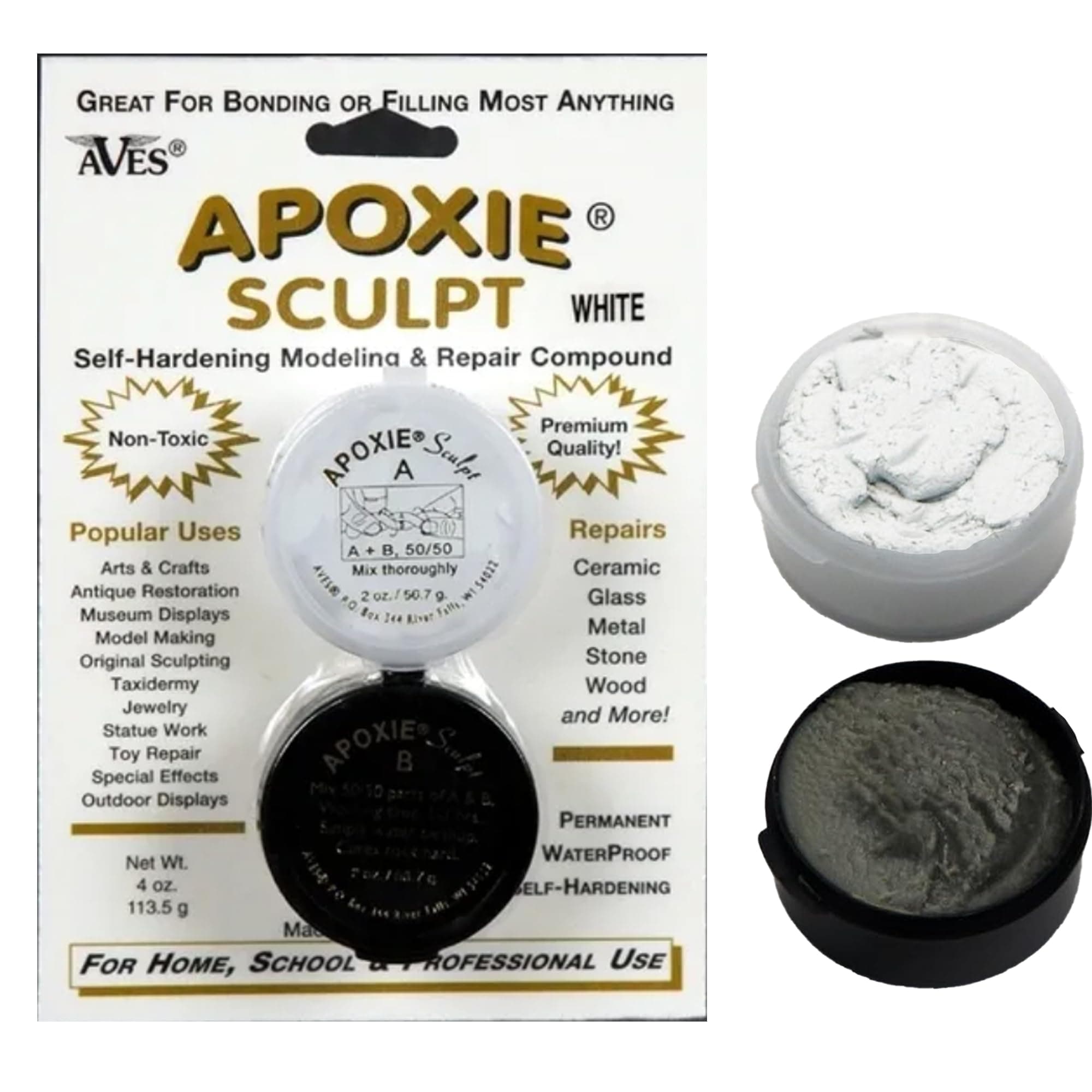Apoxie Sculpt - 2 Part Modeling Compound (A & B) - 1/4 Pound, Apoxie Sculpt for Sculpting, Modeling, Filling, Repairing, Easy to Use and Durable Self Hardening Modeling Compound–White/Stone White