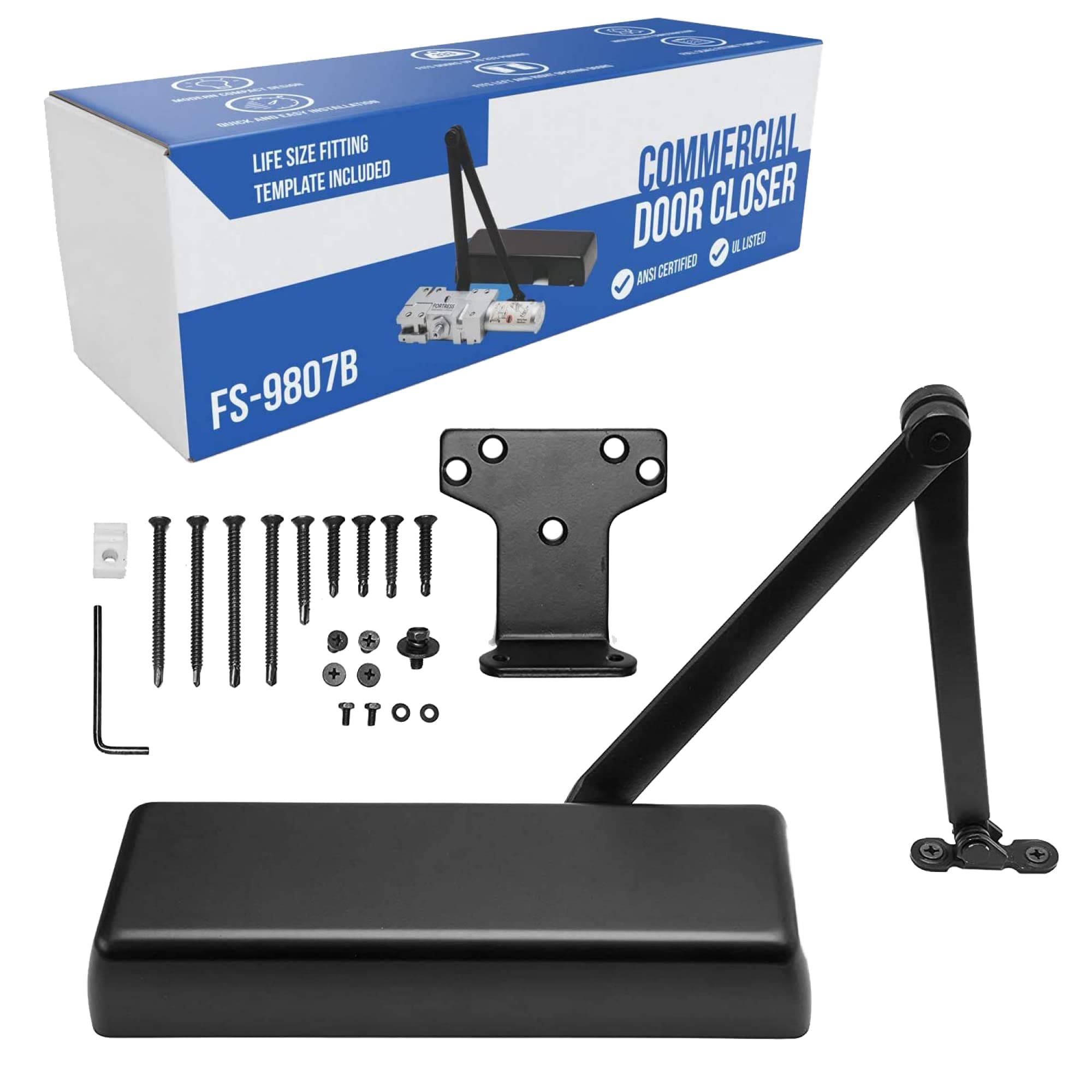 FORTSTRONG Heavy Duty Door Closer FS-9807B Commercial - Grade 1 Commercial Standard Automatic Door Closing Mechanism – Durable Plastic Casing – High Traffic Areas - UL Listed