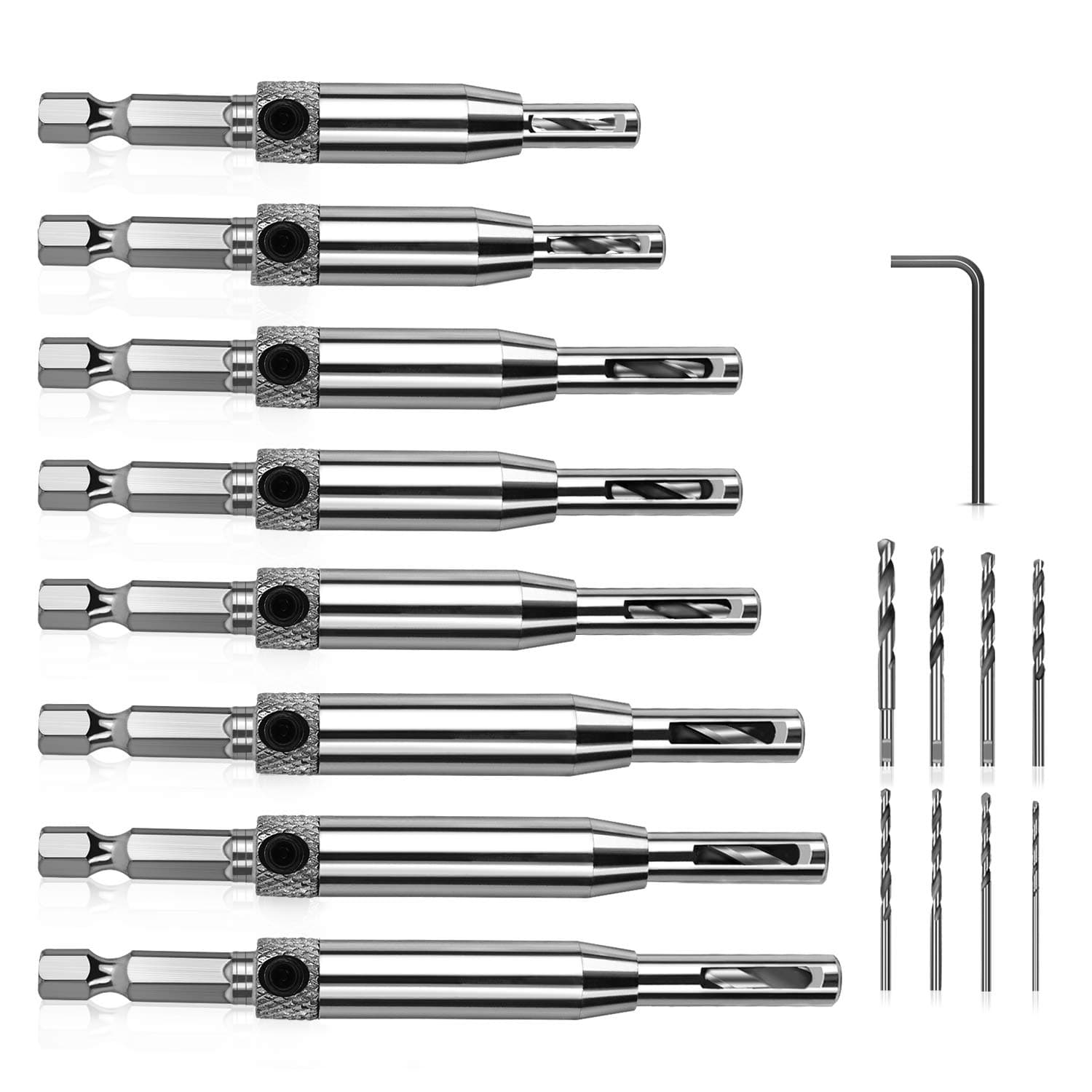 Self Centering Hinge Tapper Core Drill Bit Set for Woodworking, Adjustable Door Window Drill Bits with 1 Hex Key & 8 Replacement Drill Bits (5/64-1/4 Inches), 16 Pieces