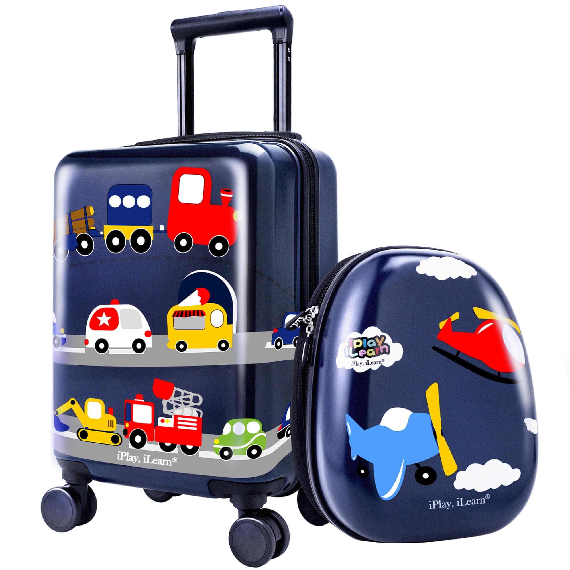 2Pcs Kids Lightweight Luggage Set, Durable Carry on Suitcase, Hard Shell Backpack, Hardside Upright Travel Trolley ABS with Spinner Wheels for 2, 3, 4, 5, 6 Year Olds Boys Children Girls