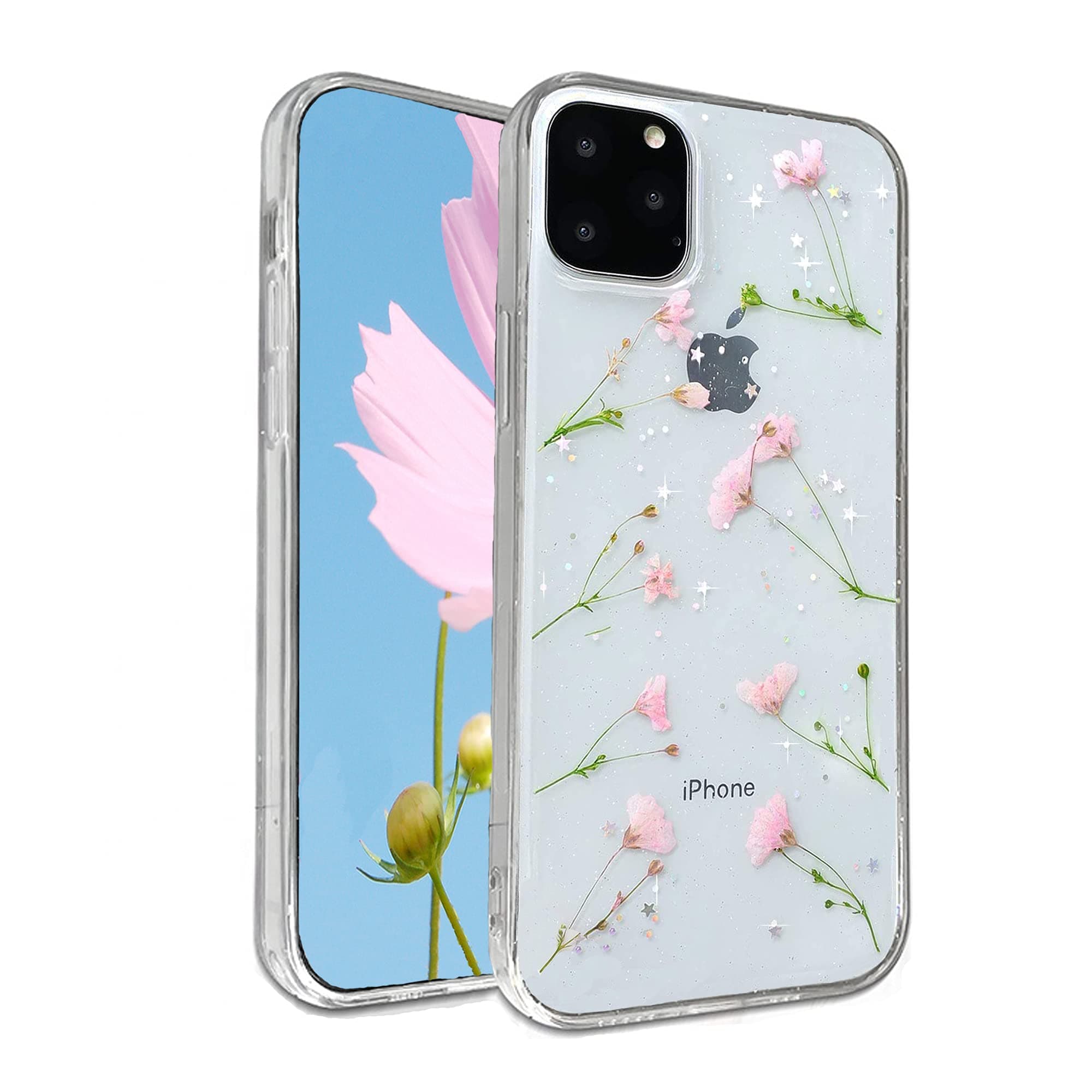 Compatible with iPhone 11 Pro MAX Flower Case, Feibili Soft Clear Flexible Rubber Pressed Dry Real Flowers Case Girls Glitter Floral Cover for iPhone 11 Pro MAX (Pink)