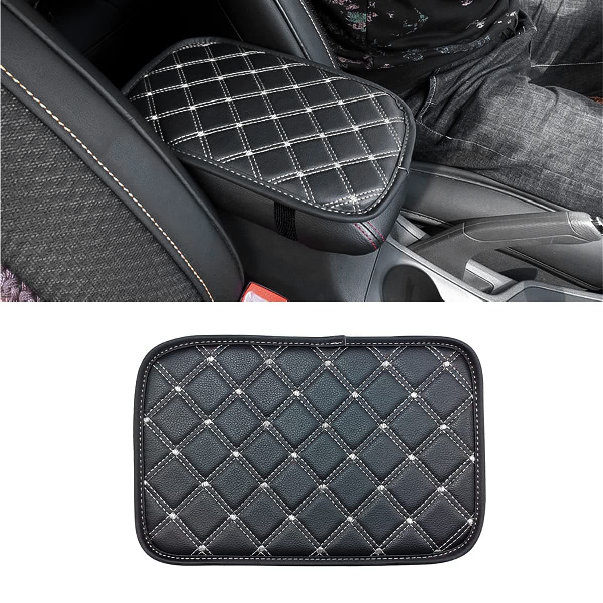 Car Leather Center Console Cushion Pad, 11.4"x7.4" Waterproof Armrest Seat Box Cover Fit for Cars, Vehicles, SUVs, Comfort, Car Interior Protection Accessories (Black/White)