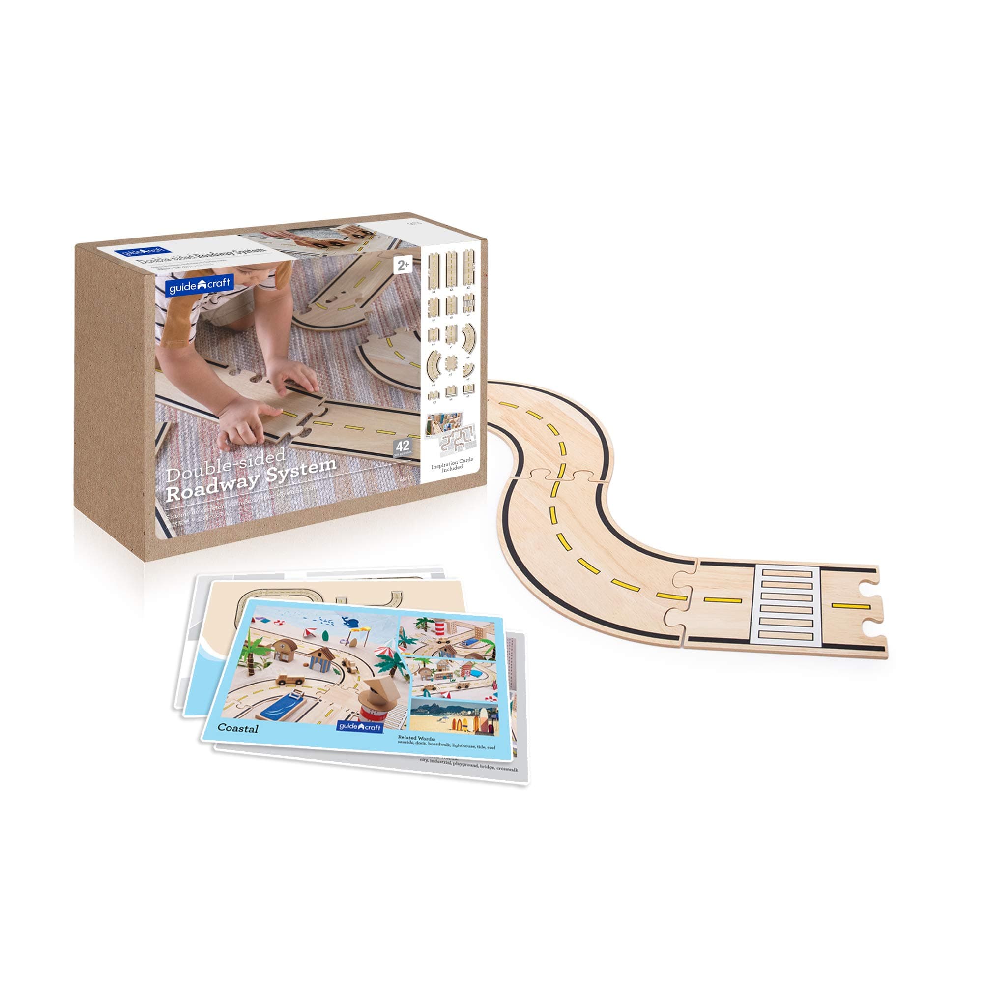 Guidecraft Double-Sided Roadway System - 42 Puzzle Pieces and 5 Double-Sided Inspiration Cards: Building and Construction for Kids