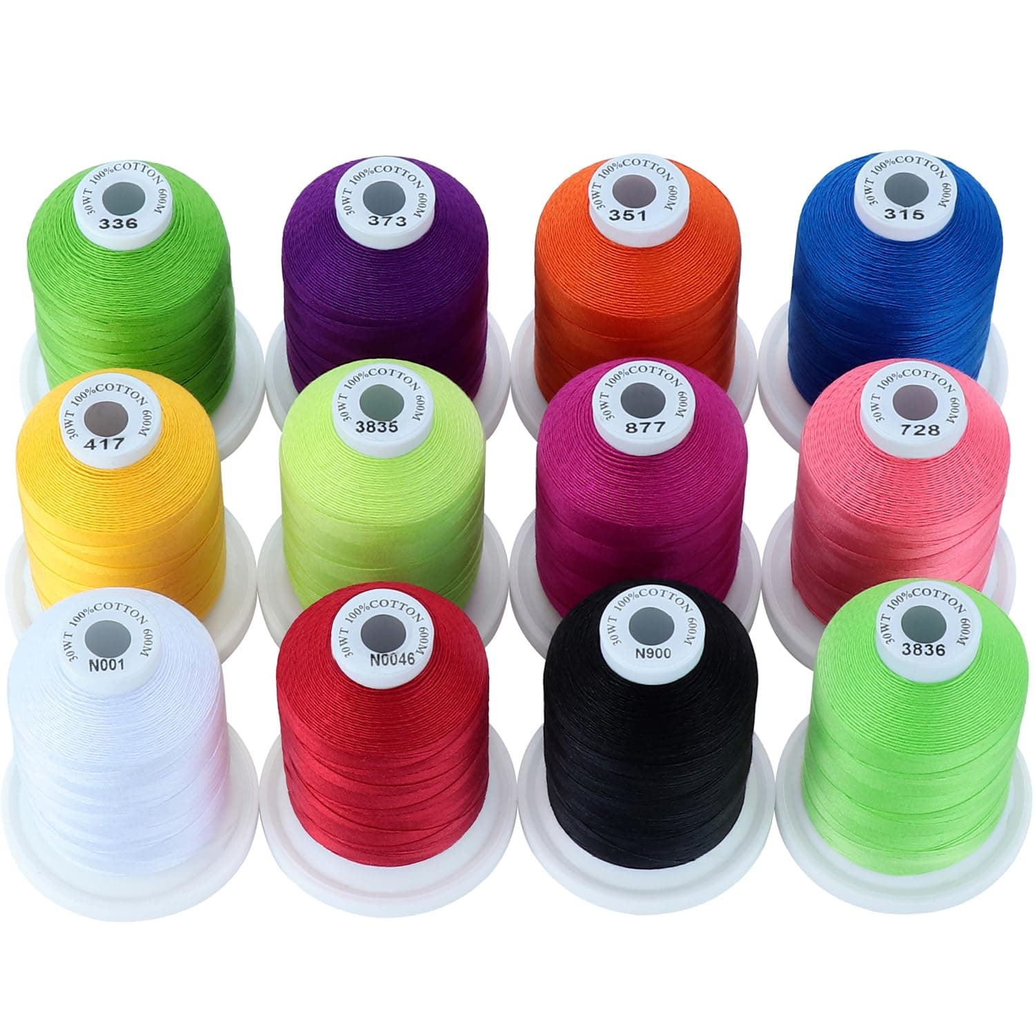 New brothread - 18 Options - Multi-Purpose 100% Mercerized Cotton Threads 50S/3 600M(660Y) Each Spool for Quilting, Serger, Sewing and Embroidery - 12 Bright Colors