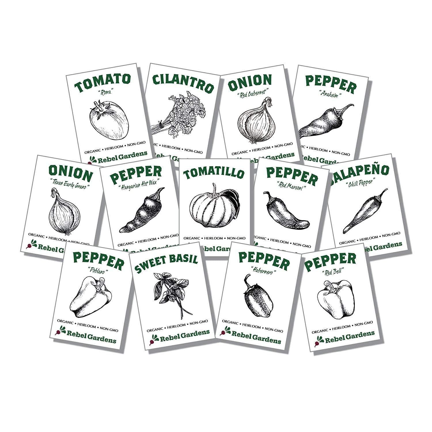 Organic Salsa Garden Seed Kit - 13 Varieties of Heirloom Non-GMO Vegetable Herb and Pepper Seeds - Tomatoes, Tomatillo, and Onions