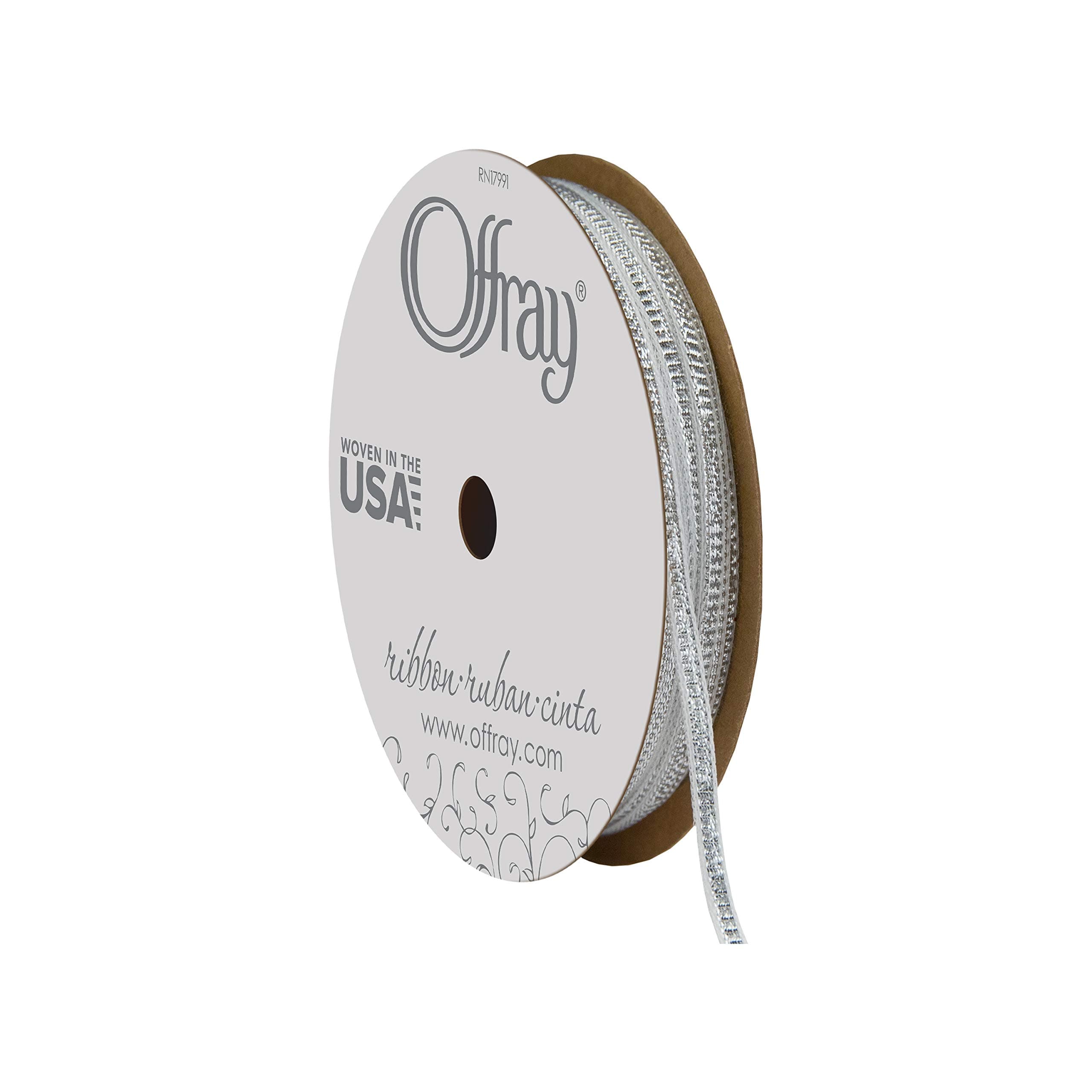 Offray, Silver Metallic Craft Ribbon, 1/8-Inch x 15-Feet, 1/8 Inch, 363171