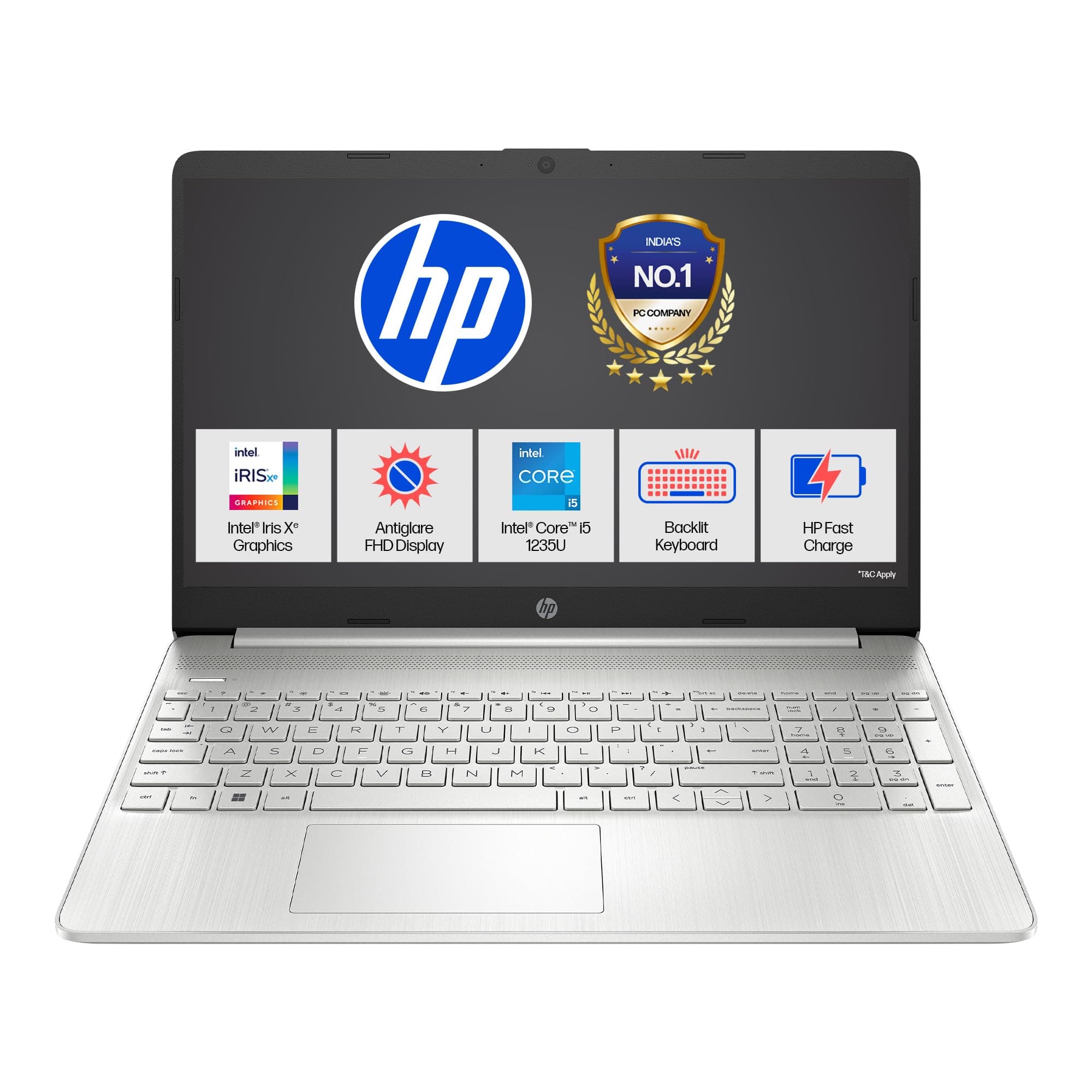 HP 15, 12th Gen Intel Core i5-1235U Laptop (16GB DDR4, 512GB SSD) Anti-Glare, 15.6"/39.6cm, FHD, Win 11, Office 21, Silver, 1.69kg, Intel Iris Xe Graphics, HD Camera, Backlit Keyboard, fy5009tu