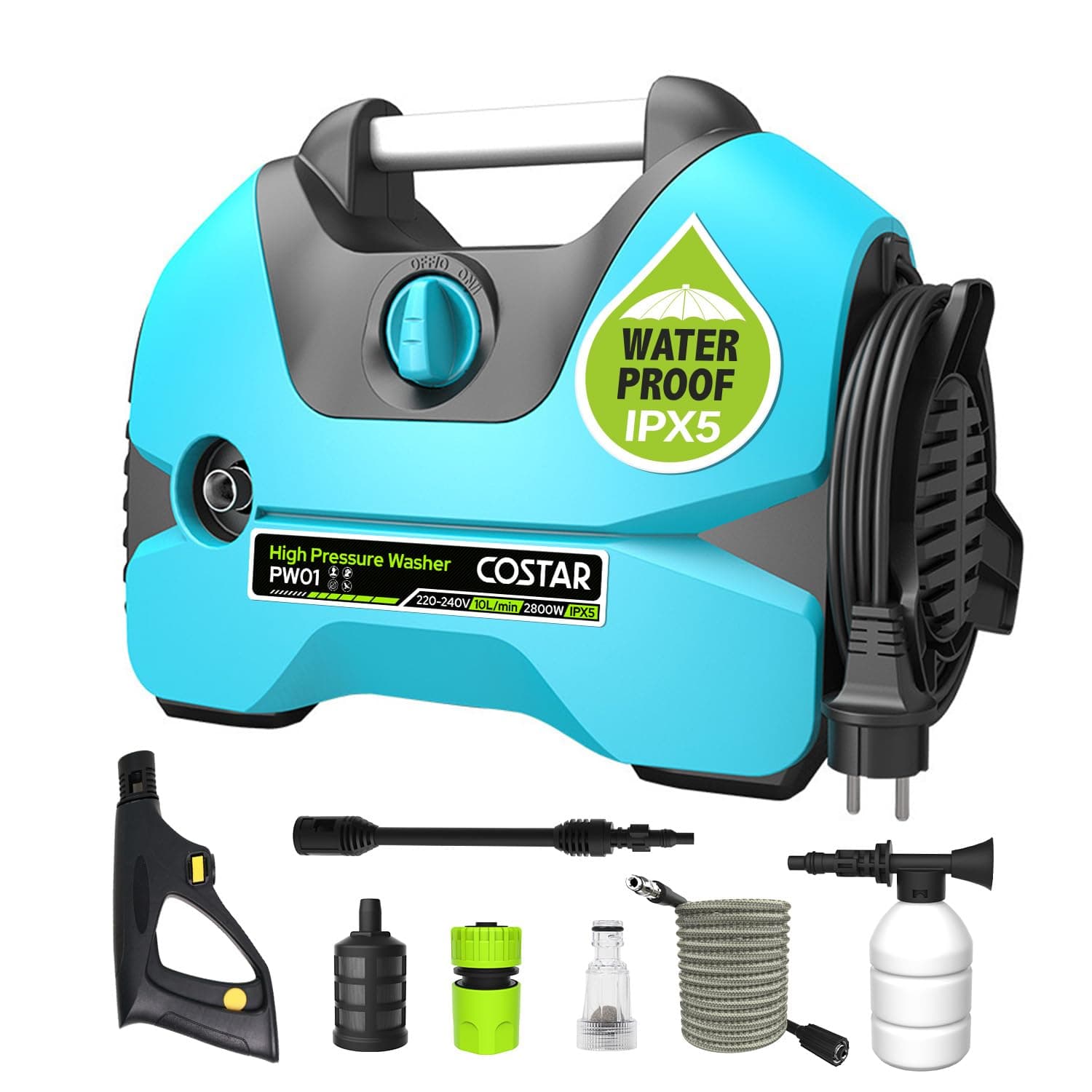 Costar Car Washer High Pressure Pump 2800 Watts | 150 Bars| 10L/Min Flow Rate| 15 Meters Cleaning Range |Portable for Car Bike Home Floor Wall Cleaning (Blue)